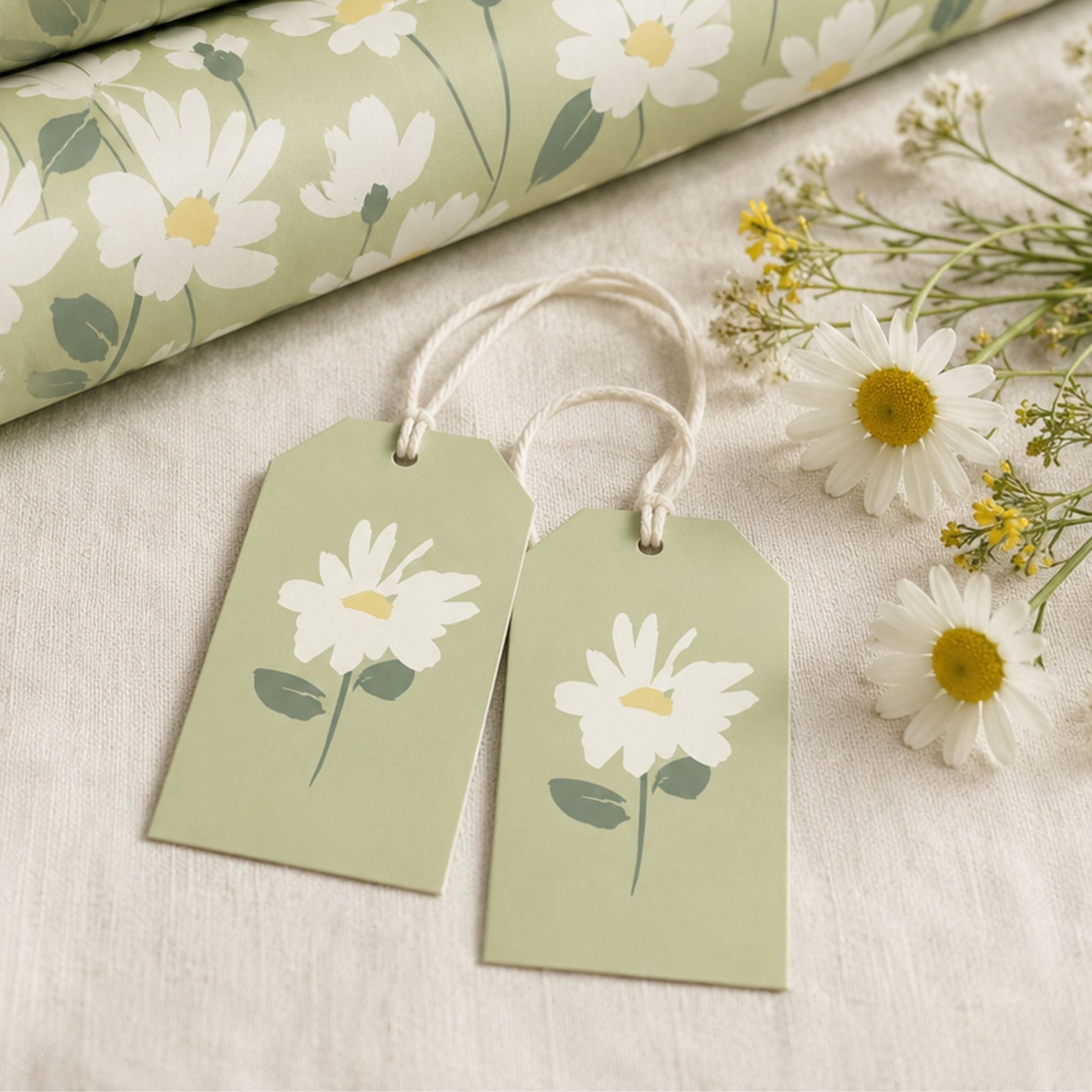 Matching Daisy Meadow gift tags with coordinating ribbon