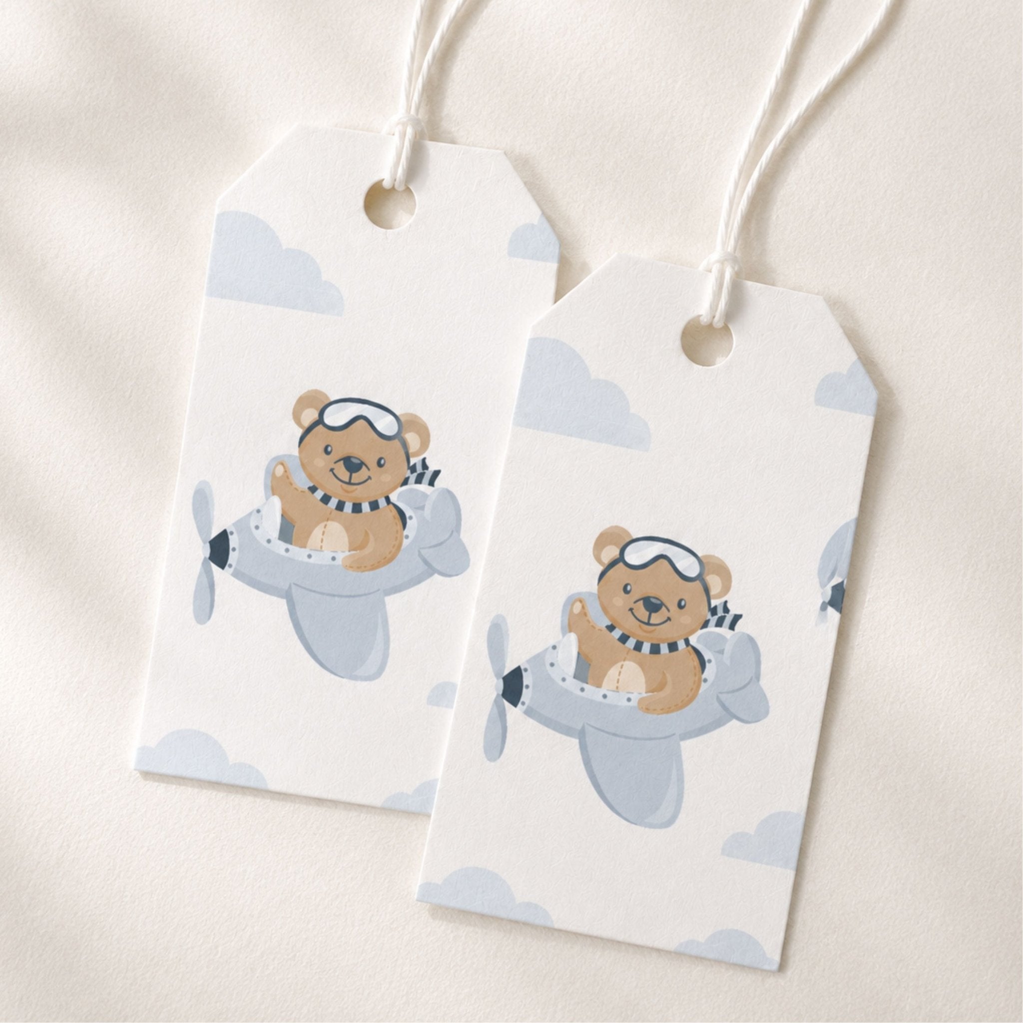 Matching Teddy Bear Aeroplane gift tags with ribbon