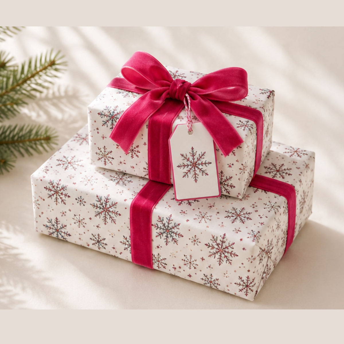 Christmas presents wrapped in colourful snowflake wrapping paper with bright pink velvet bows