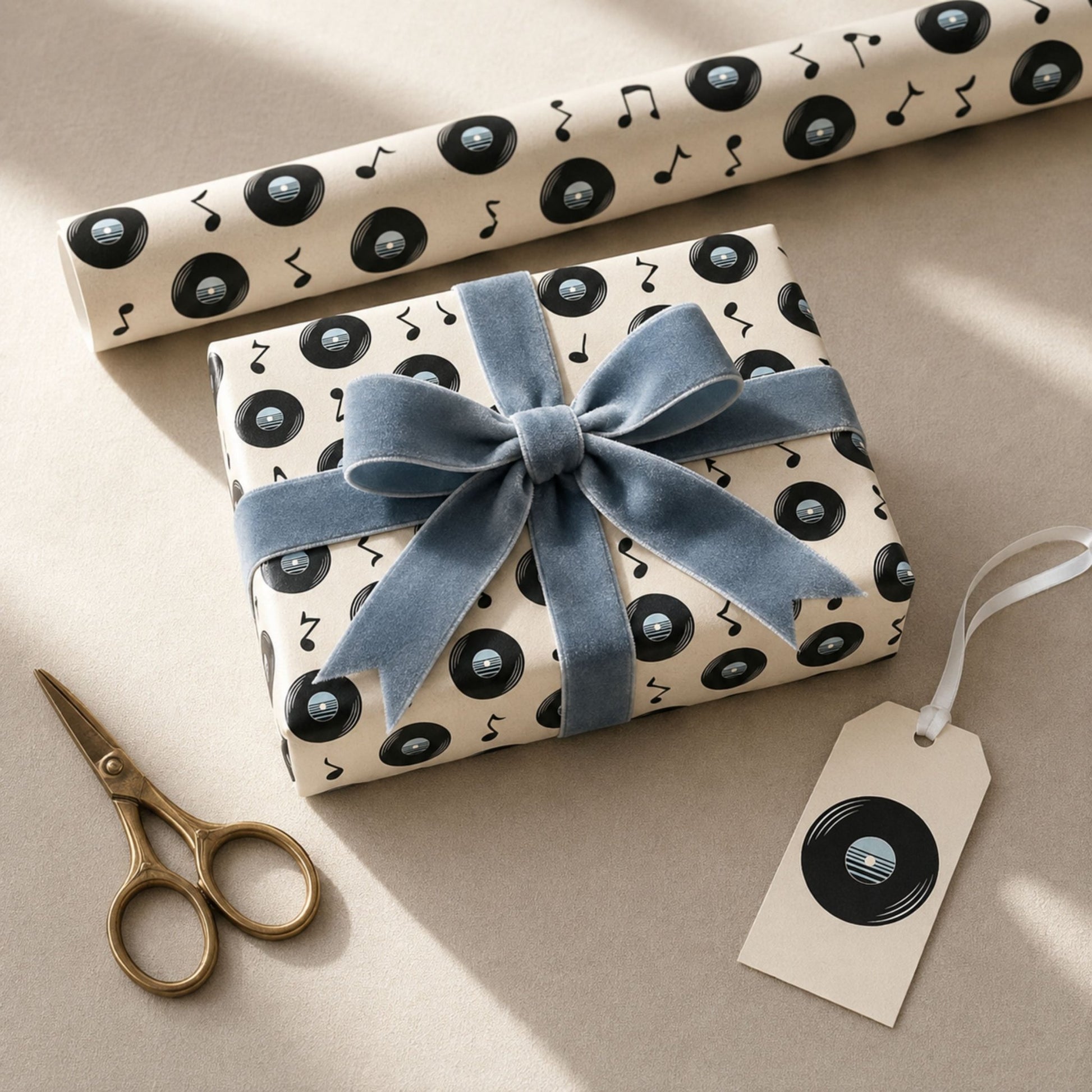 Gift wrapped in vinyl record wrapping paper with blue ribbon, matching tag and roll of gift wrap