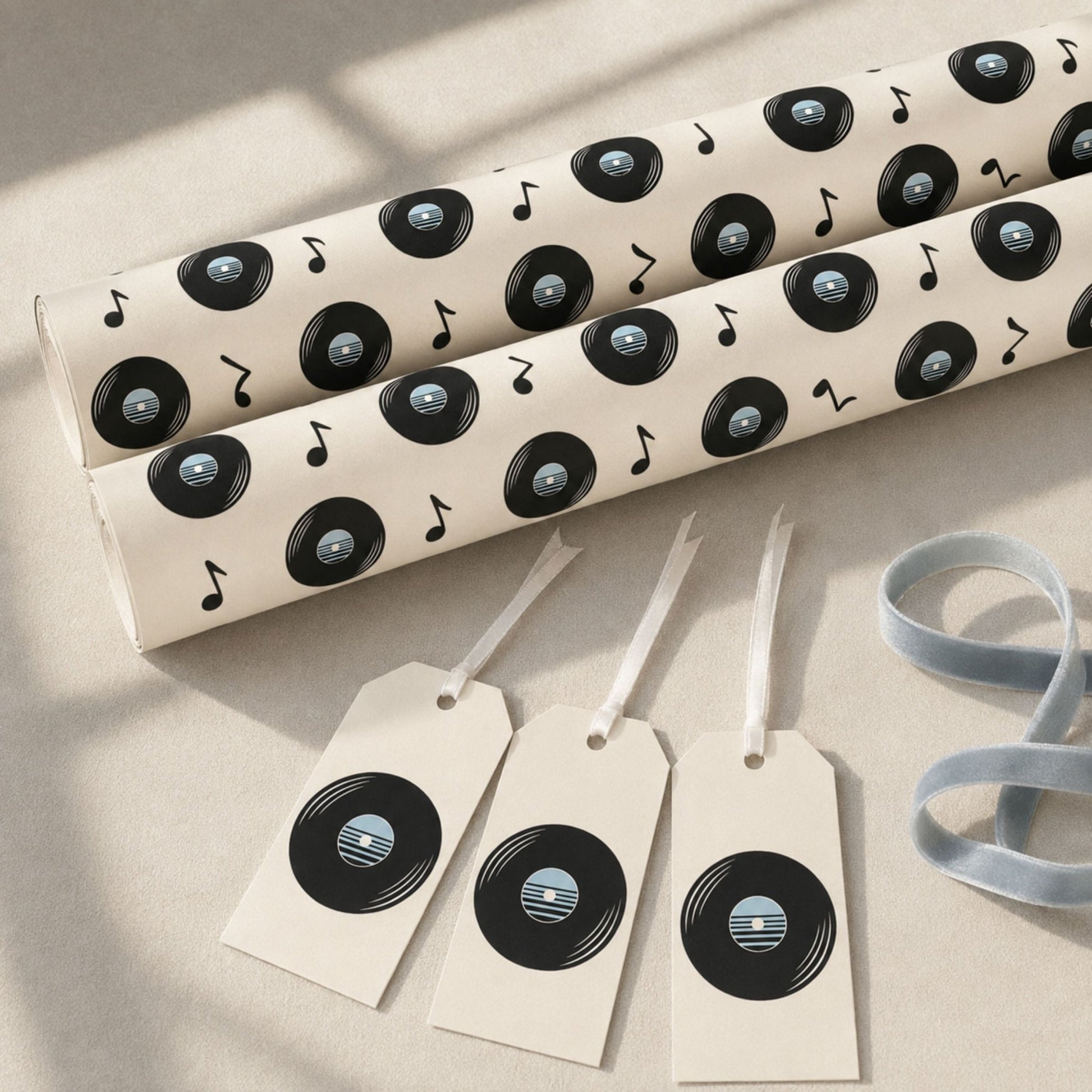 Vinyl record wrapping paper with retro black records and musical notes, shown with matching gift tags