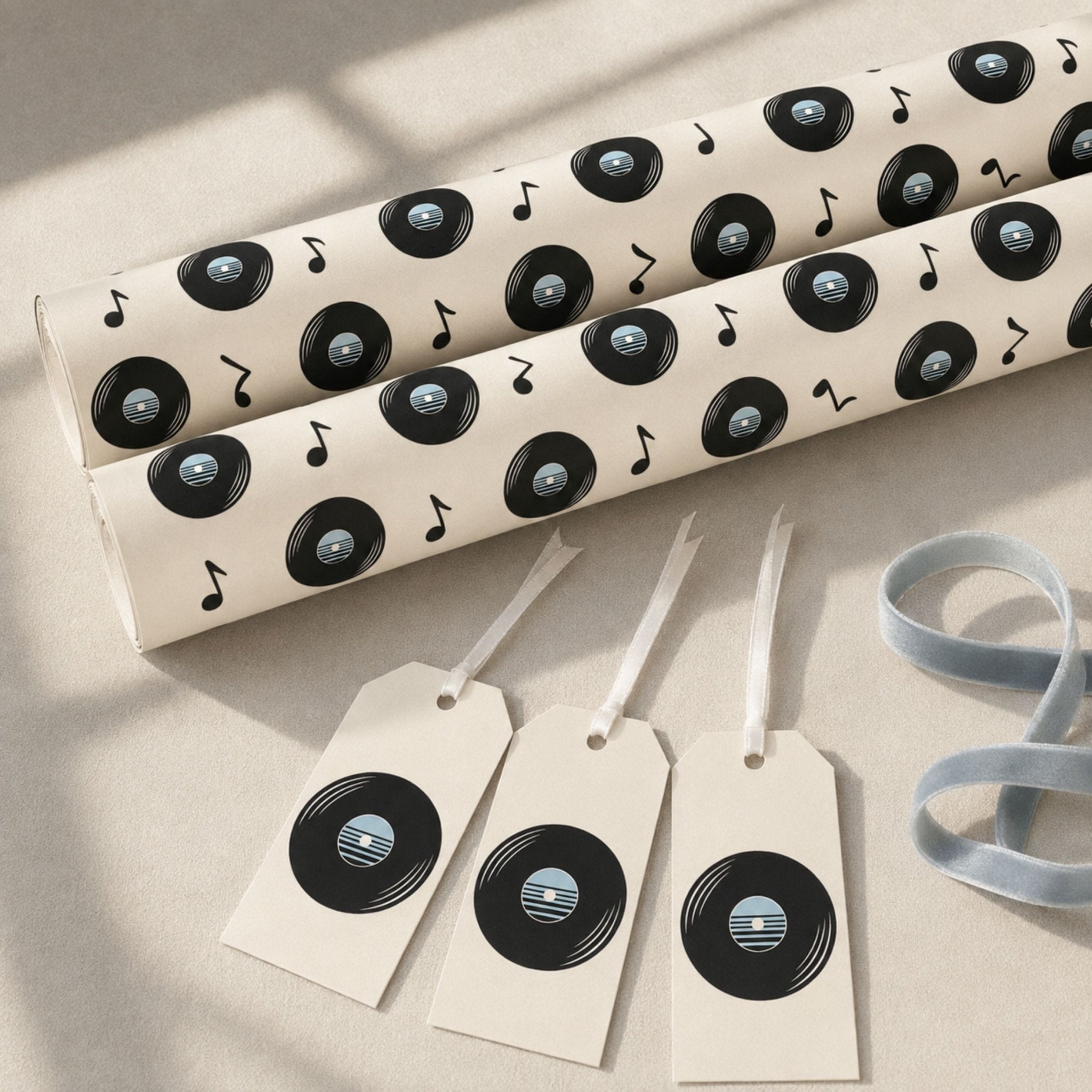 Vinyl record wrapping paper with retro black records and musical notes, shown with matching gift tags