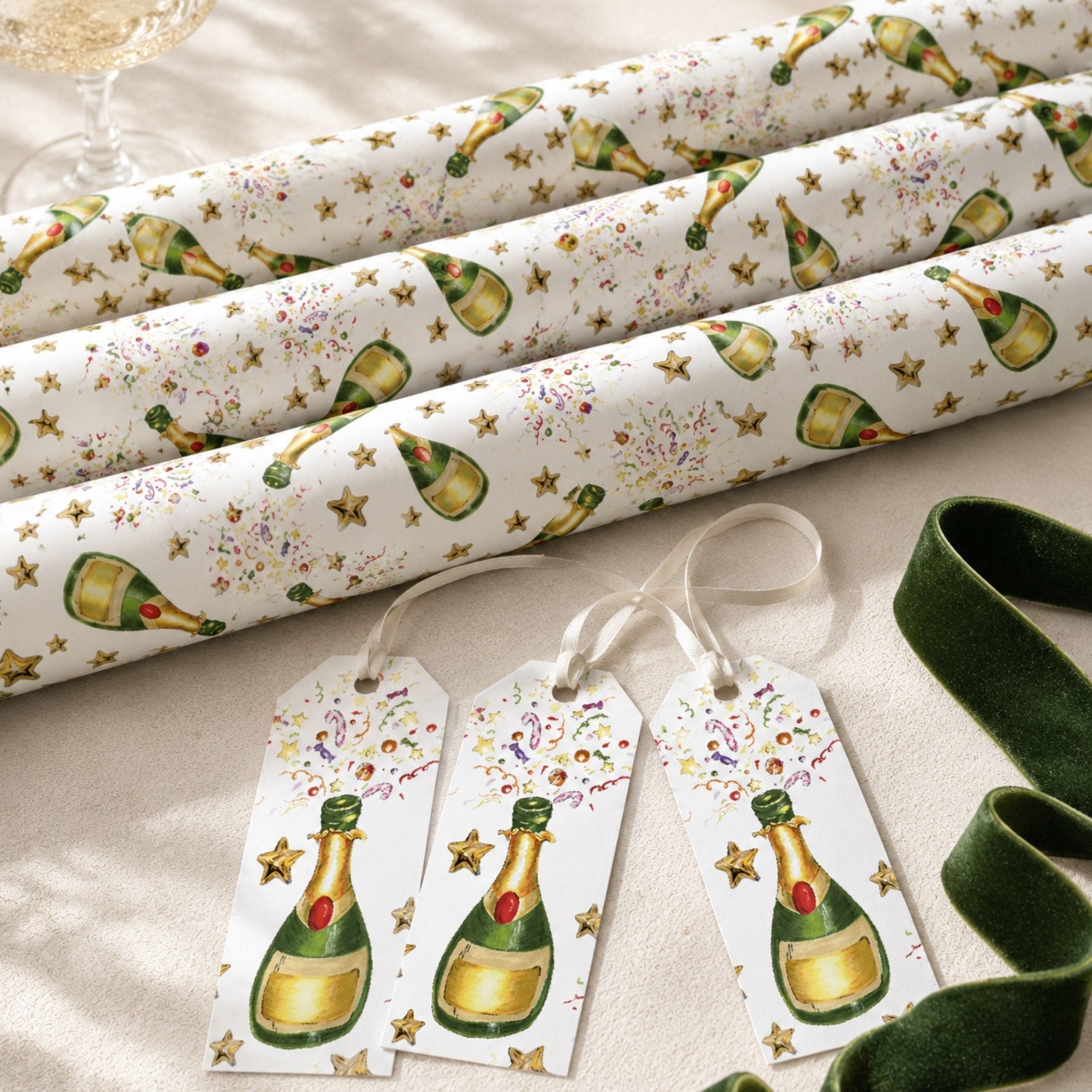 Champagne Celebration Gift Wrapping Paper | 50 x 85cm Sheets & 2m Roll | Premium 140gsm - Mac and Lilly