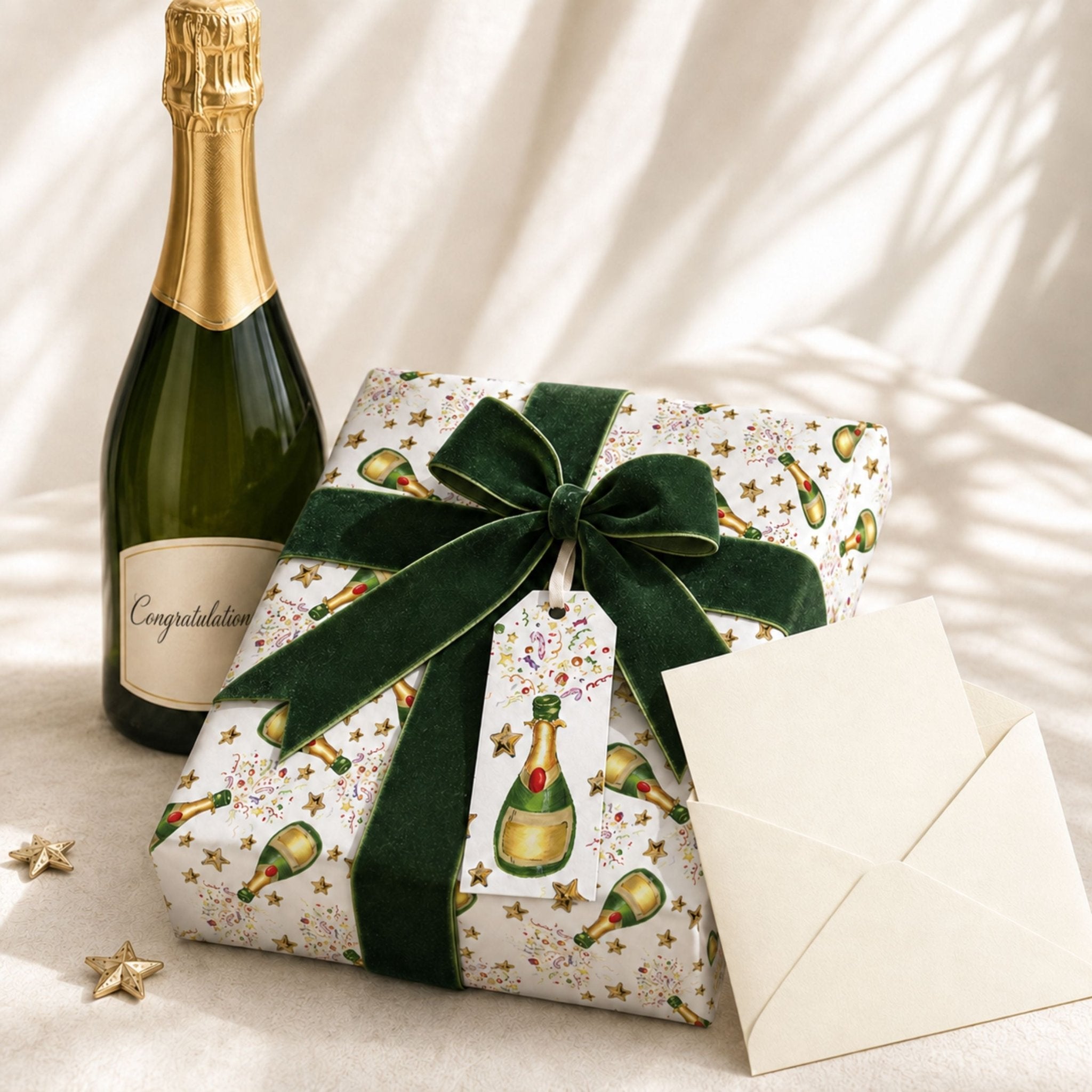 Champagne gift wrap with green velvet bow matching tag and envelop