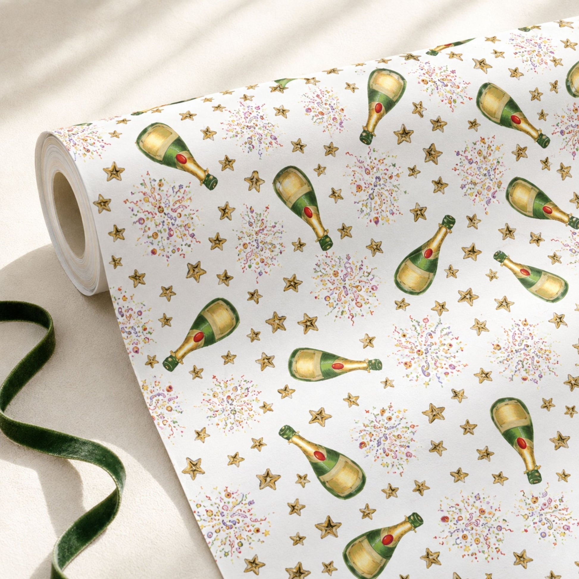 Champagne Celebration wrapping paper with champagne bottles gold stars and confetti
