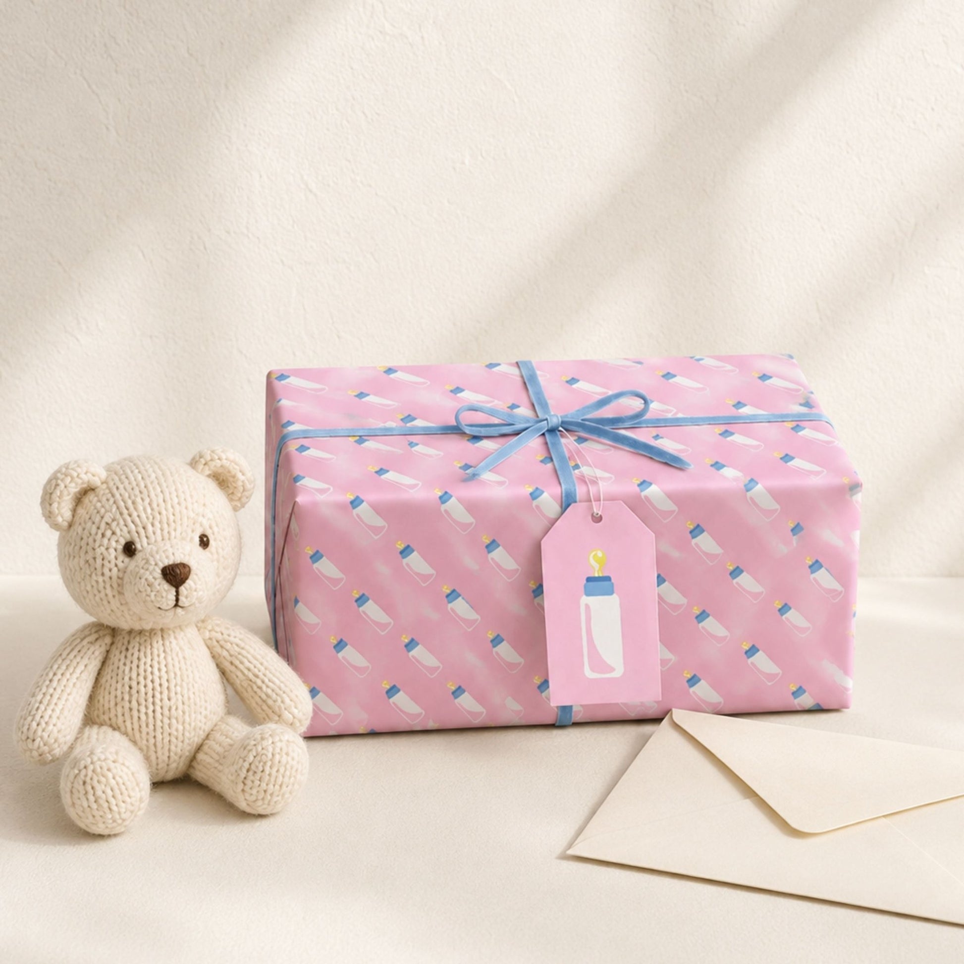 Baby Bottle Gift Wrap | Available in Pink or Blue, Larger Sheets & 2m Roll - Mac and Lilly