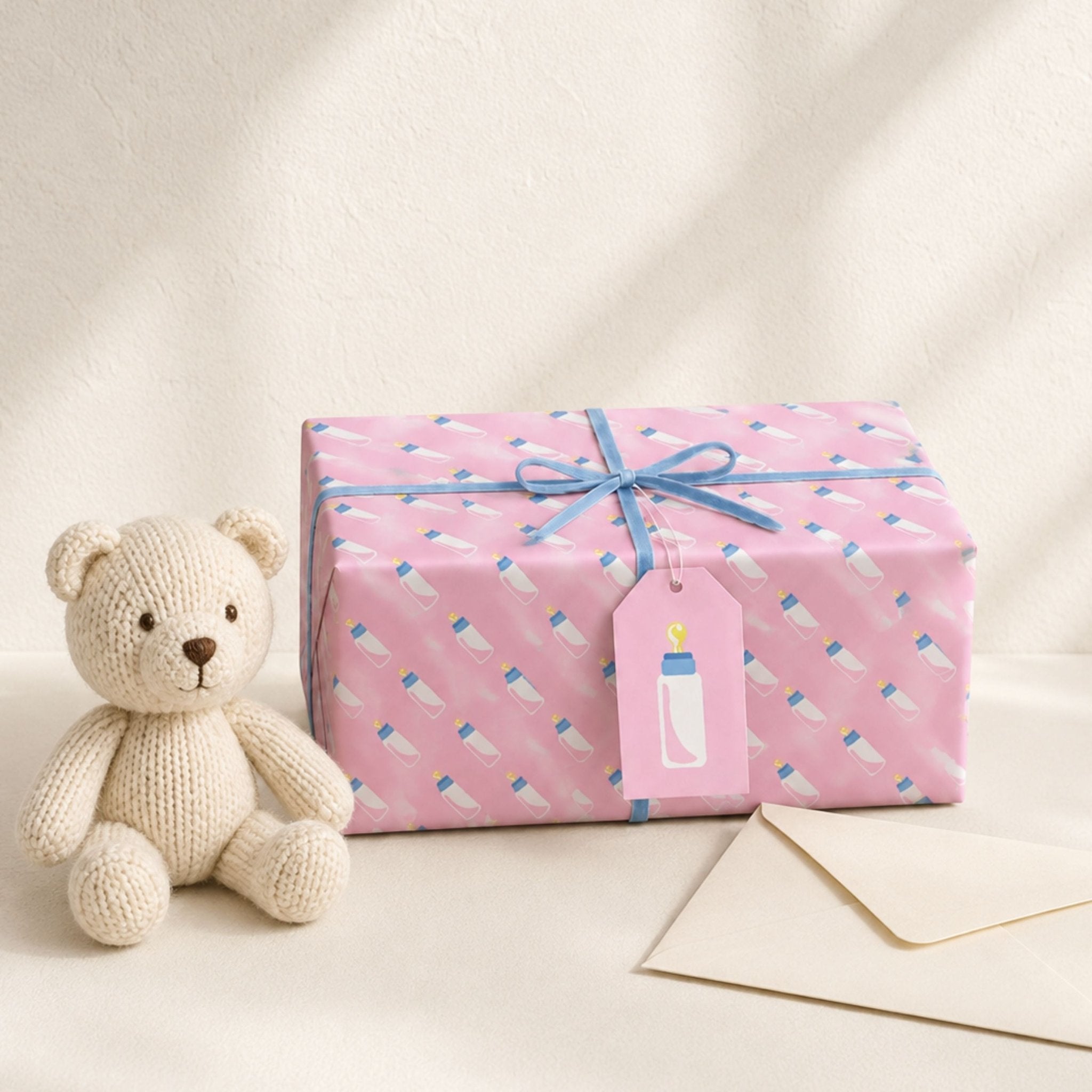 Baby Bottle Gift Wrap | Available in Pink or Blue, Larger Sheets & 2m Roll - Mac and Lilly