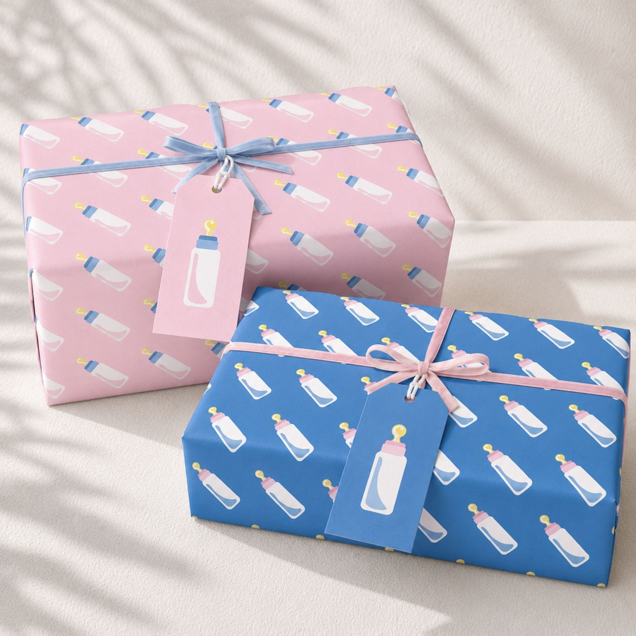 Baby Bottle Gift Wrap | Available in Pink or Blue, Larger Sheets & 2m Roll - Mac and Lilly