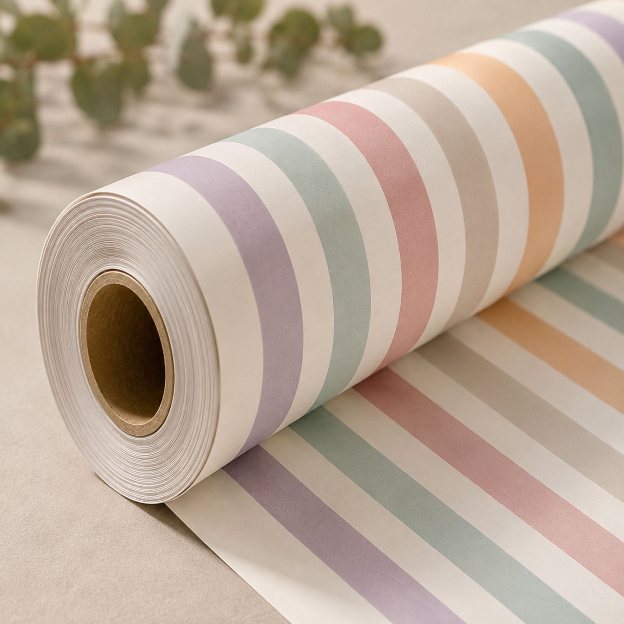 Roll of pastel striped wrapping paper in blush pink, lilac, blue, mint and soft yellow