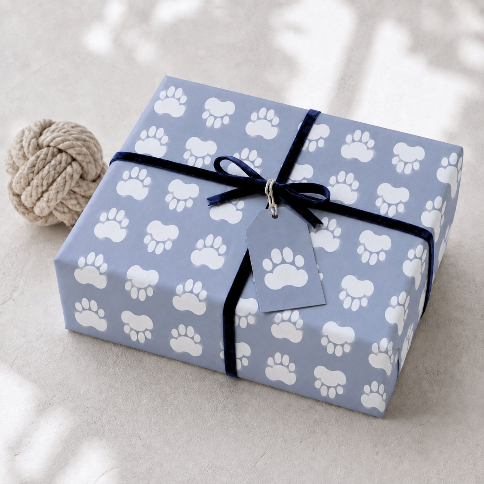 Blue dog paw wrapping paper with black ribbon and matching gift tag