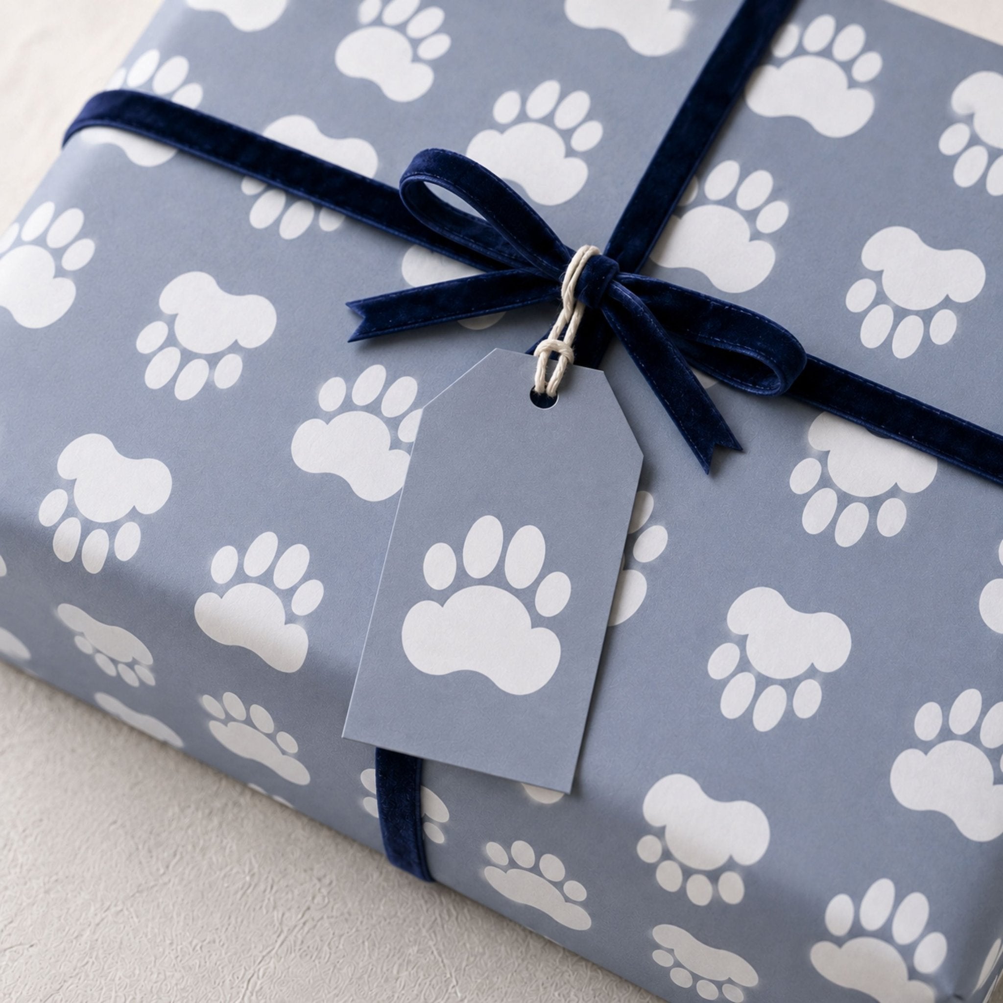 Blue dog paw gift wrap with black ribbon and matching tag