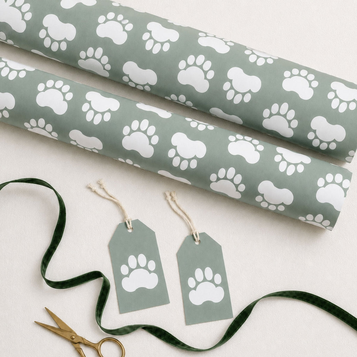 Green dog paw wrapping paper rolls with coordinating gift tags