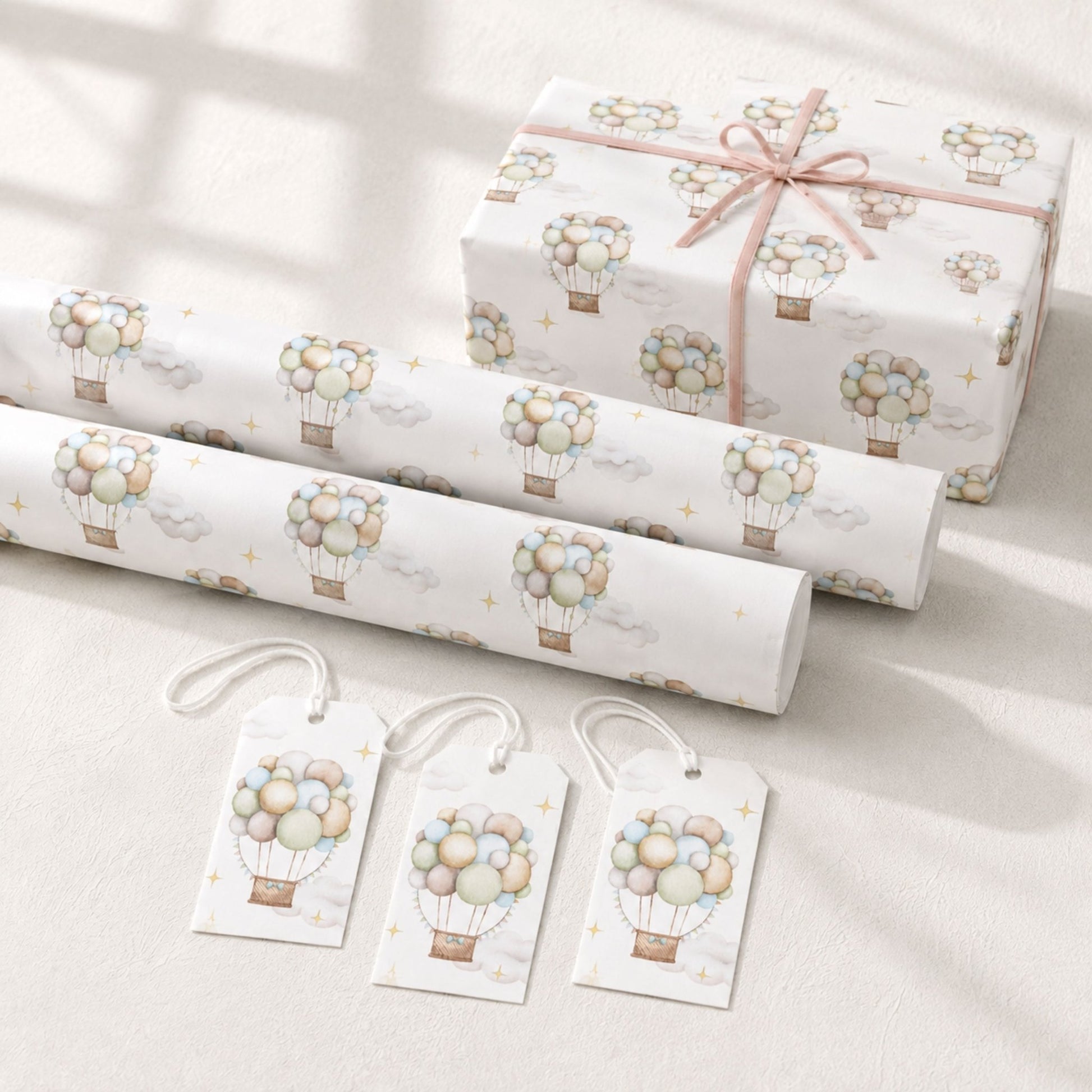 Pastel Hot Air Balloon wrapping paper rolls with matching gift tags