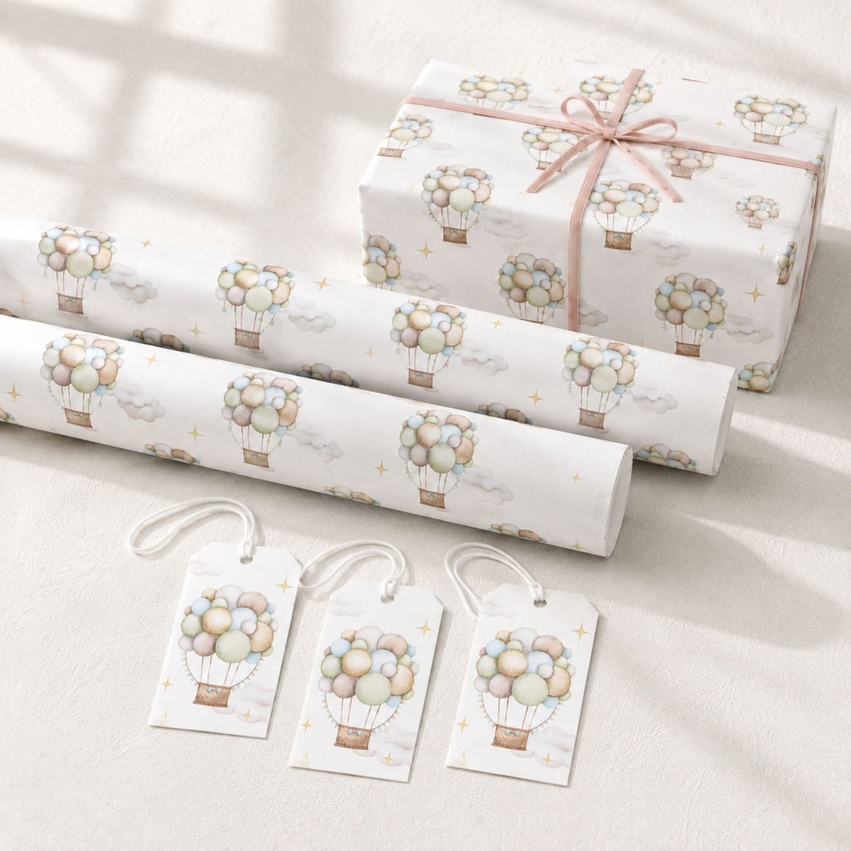Pastel Hot Air Balloon wrapping paper rolls with matching gift tags