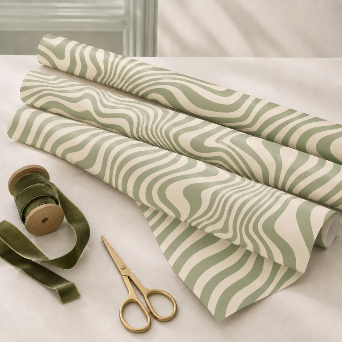 Rolls of green Retro Swirl wrapping paper with ribbon and scissors