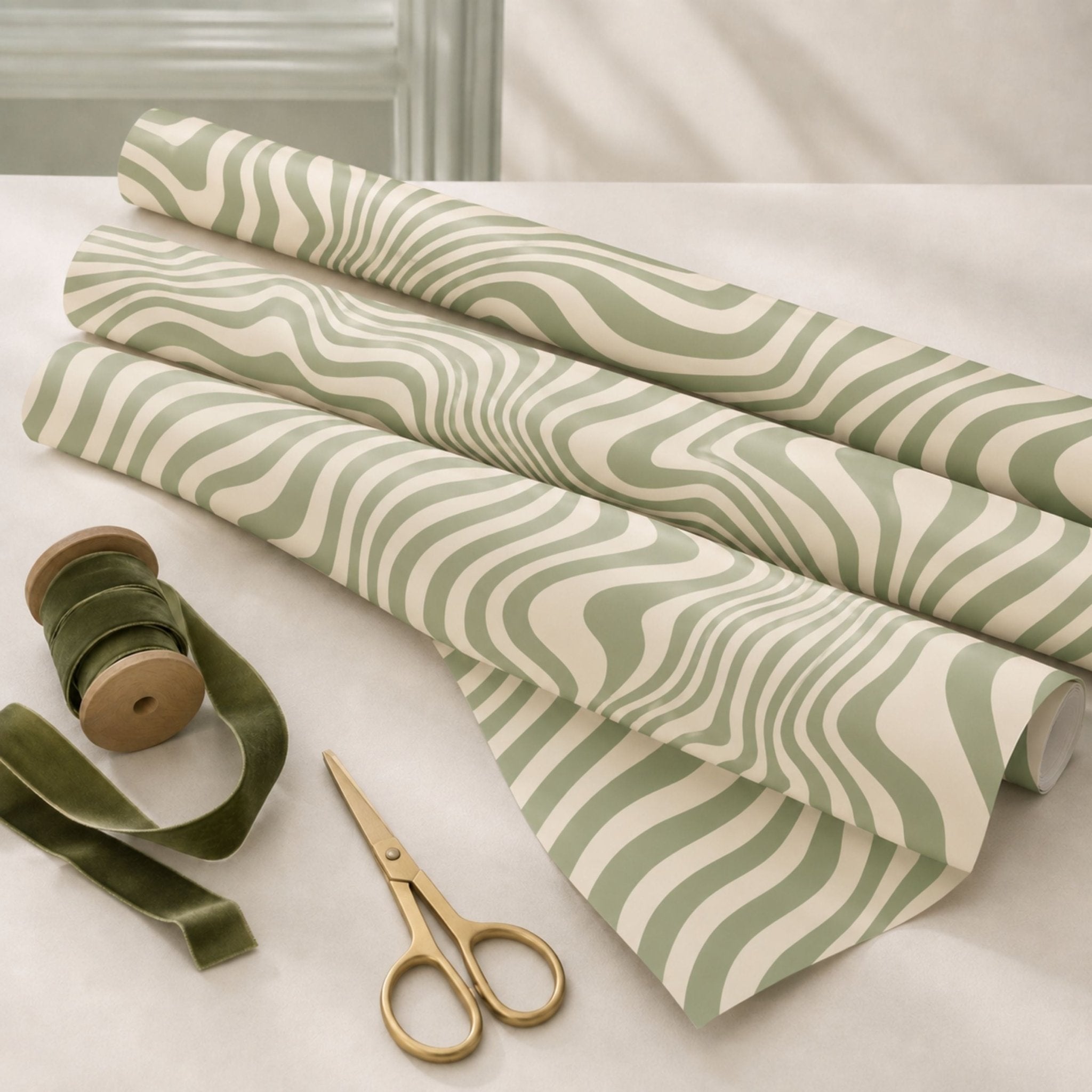 Rolls of green Retro Swirl wrapping paper with ribbon and scissors