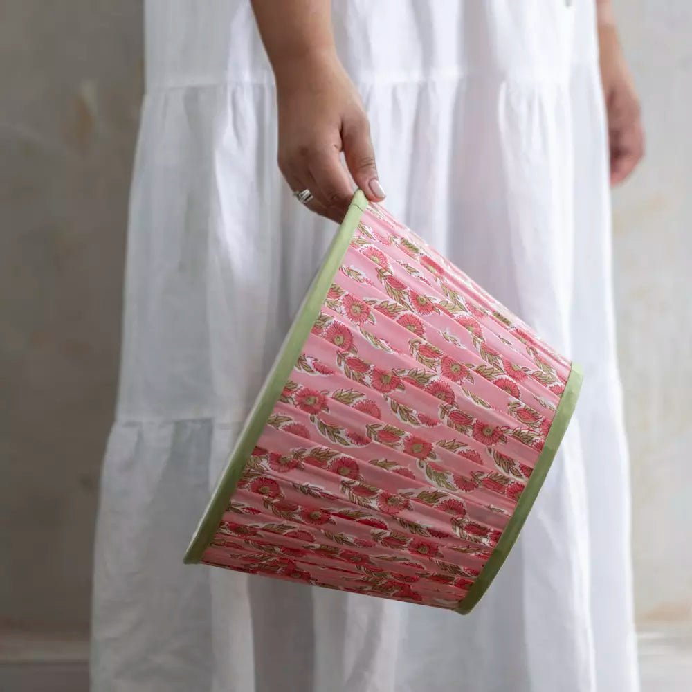 Pleated Cotton Lampshade – Raspberry with Green Trim - Mac and Lilly