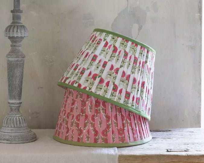 Pleated Cotton Lampshade – Natural with Green Trim - Mac and Lilly