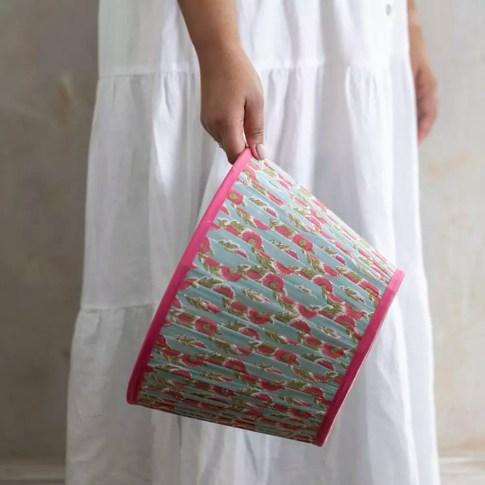 Pleated Cotton Lampshade – Teal with Raspberry Trim - Mac and Lilly