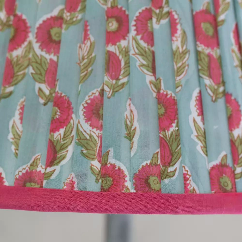 Pleated Cotton Lampshade – Teal with Raspberry Trim - Mac and Lilly