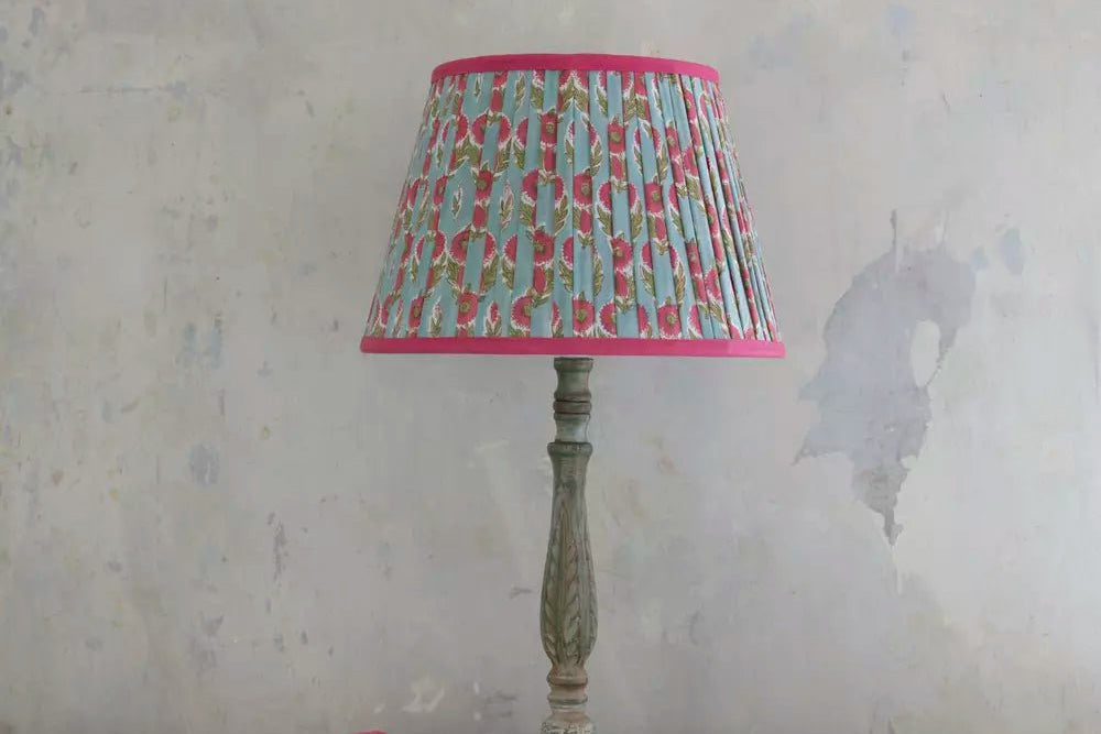 Pleated Cotton Lampshade – Teal with Raspberry Trim - Mac and Lilly