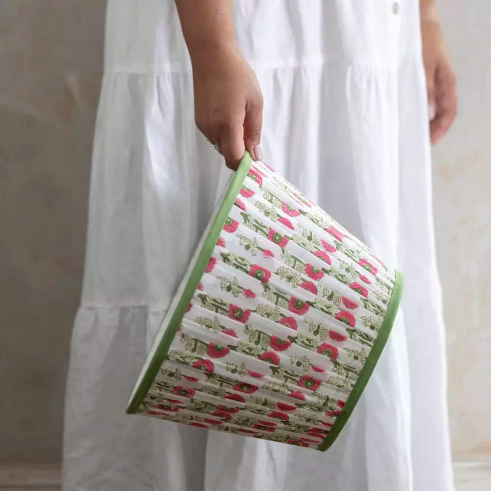 Pleated Cotton Lampshade – Natural with Green Trim - Mac and Lilly