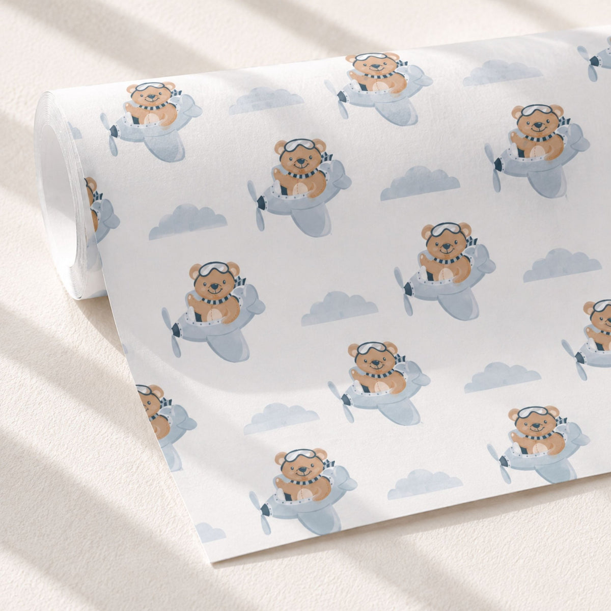 Teddy Bear Aeroplane gift wrap styled with matching tag