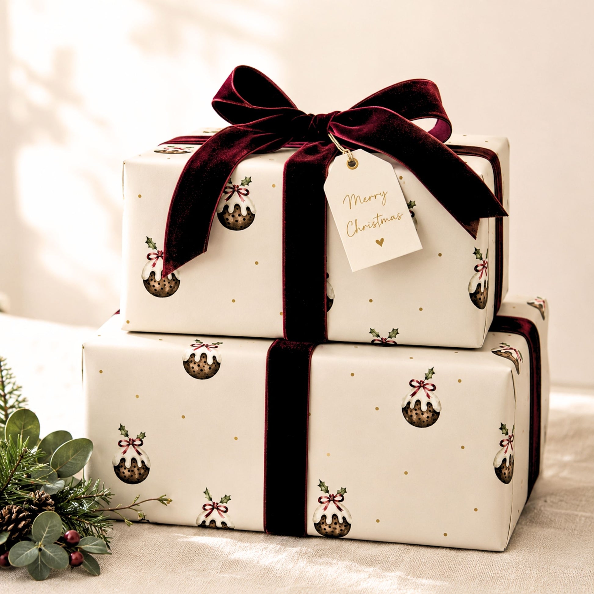 Christmas presents wrapped in Christmas pudding wrapping paper with burgundy velvet bows