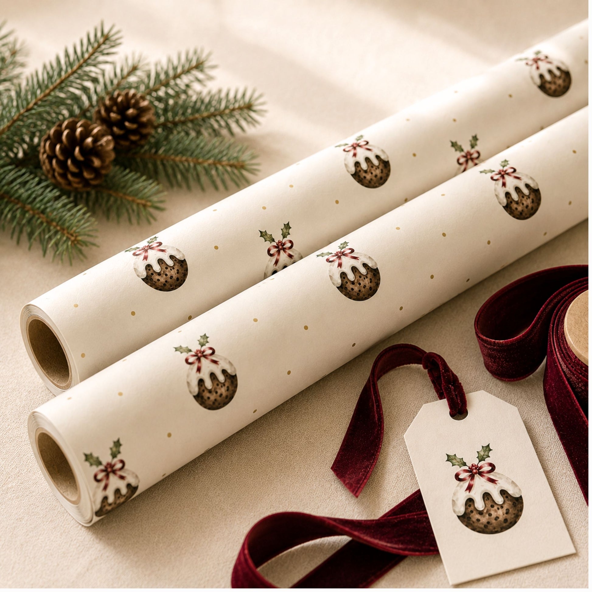 Rolls of Christmas pudding wrapping paper with festive holly design on an ivory background