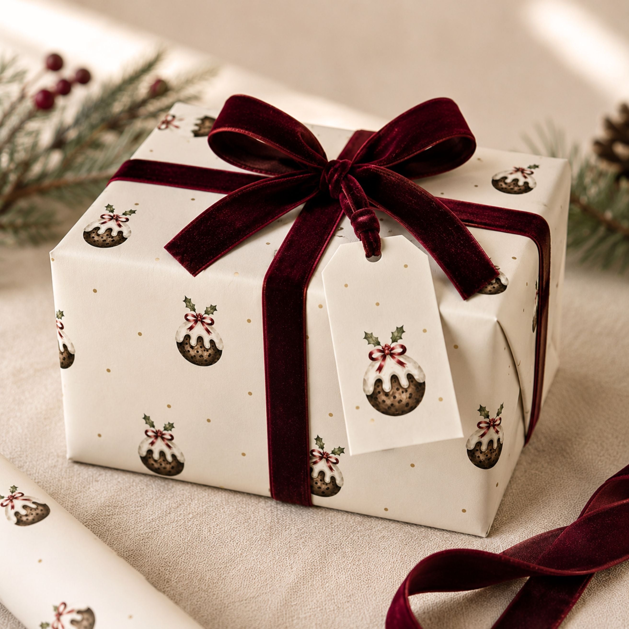 Christmas gift wrapped in Christmas pudding paper with deep burgundy velvet ribbon