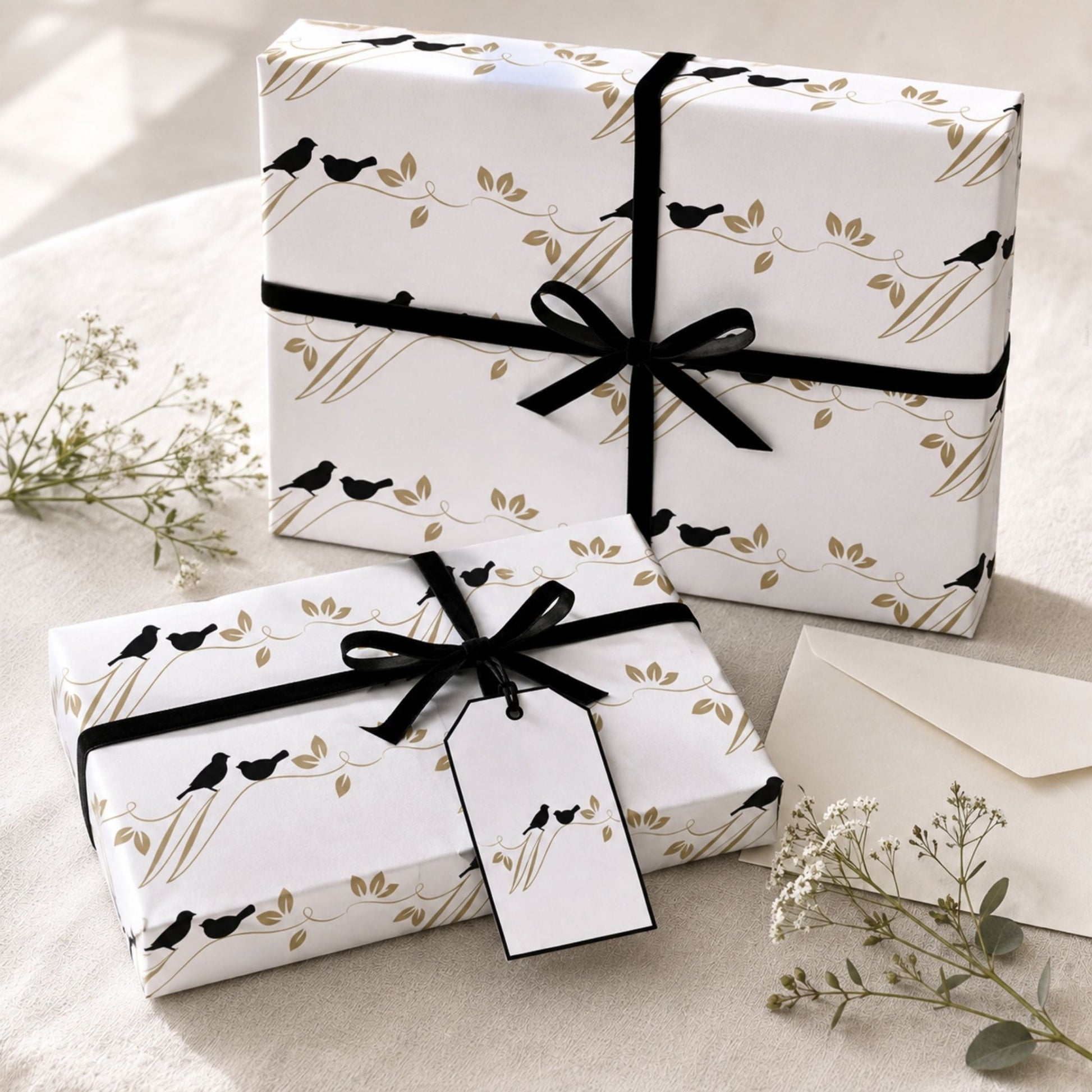Gifts wrapped in elegant bird wrapping paper with black ribbon and matching gift tags
