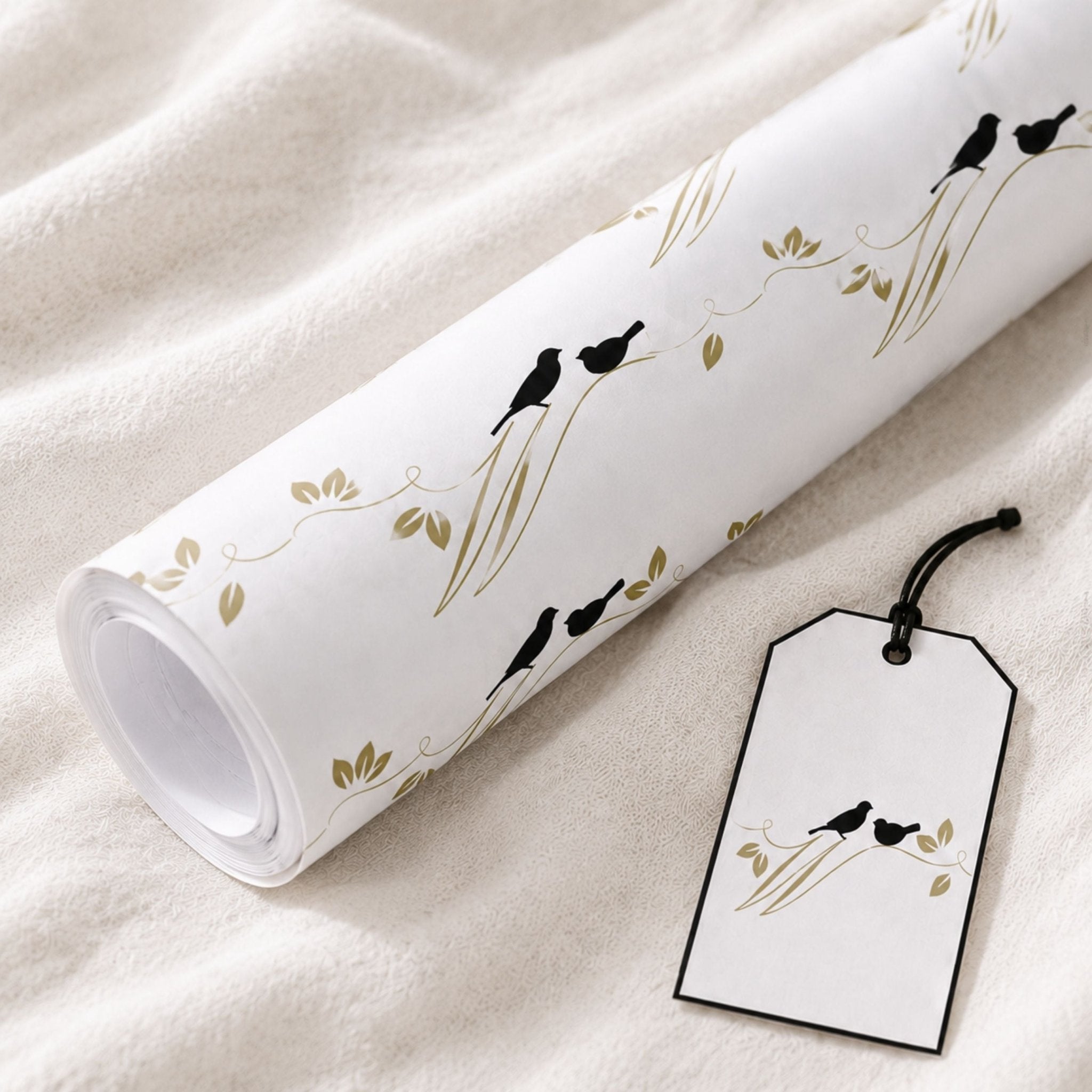 Matching bird gift tag featuring black birds and delicate gold foliage