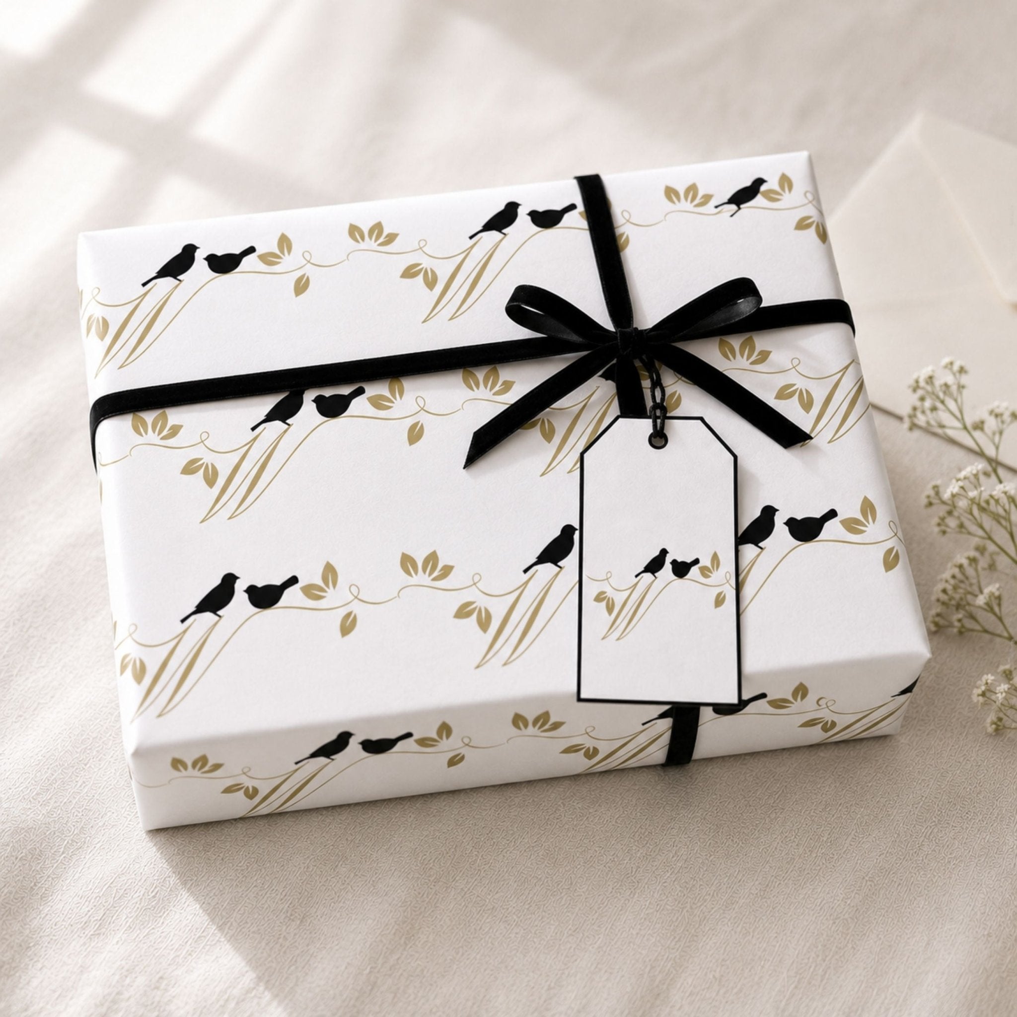 Elegant bird wrapping paper with black birds and delicate gold foliage, finished with black ribbon and matching gift tag