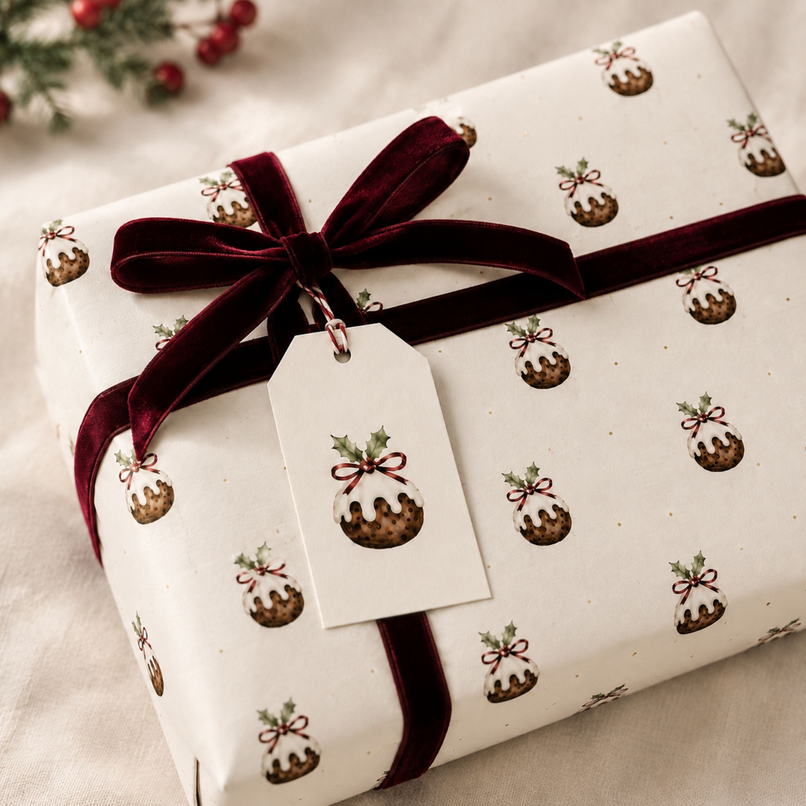 Christmas presents wrapped in Christmas pudding wrapping paper with burgundy velvet bows tags included