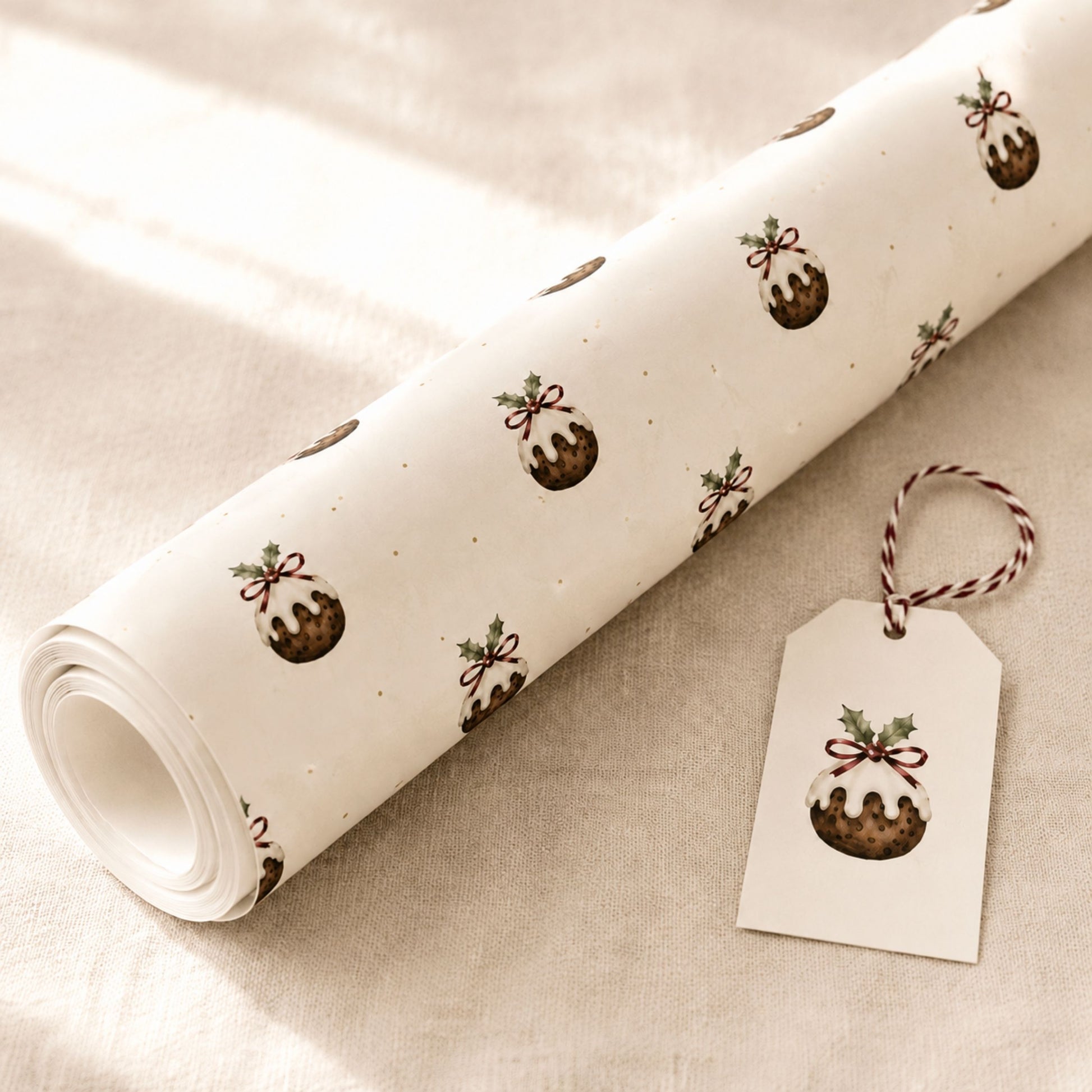 Roll of Christmas pudding gift wrap with hand-painted festive pudding design