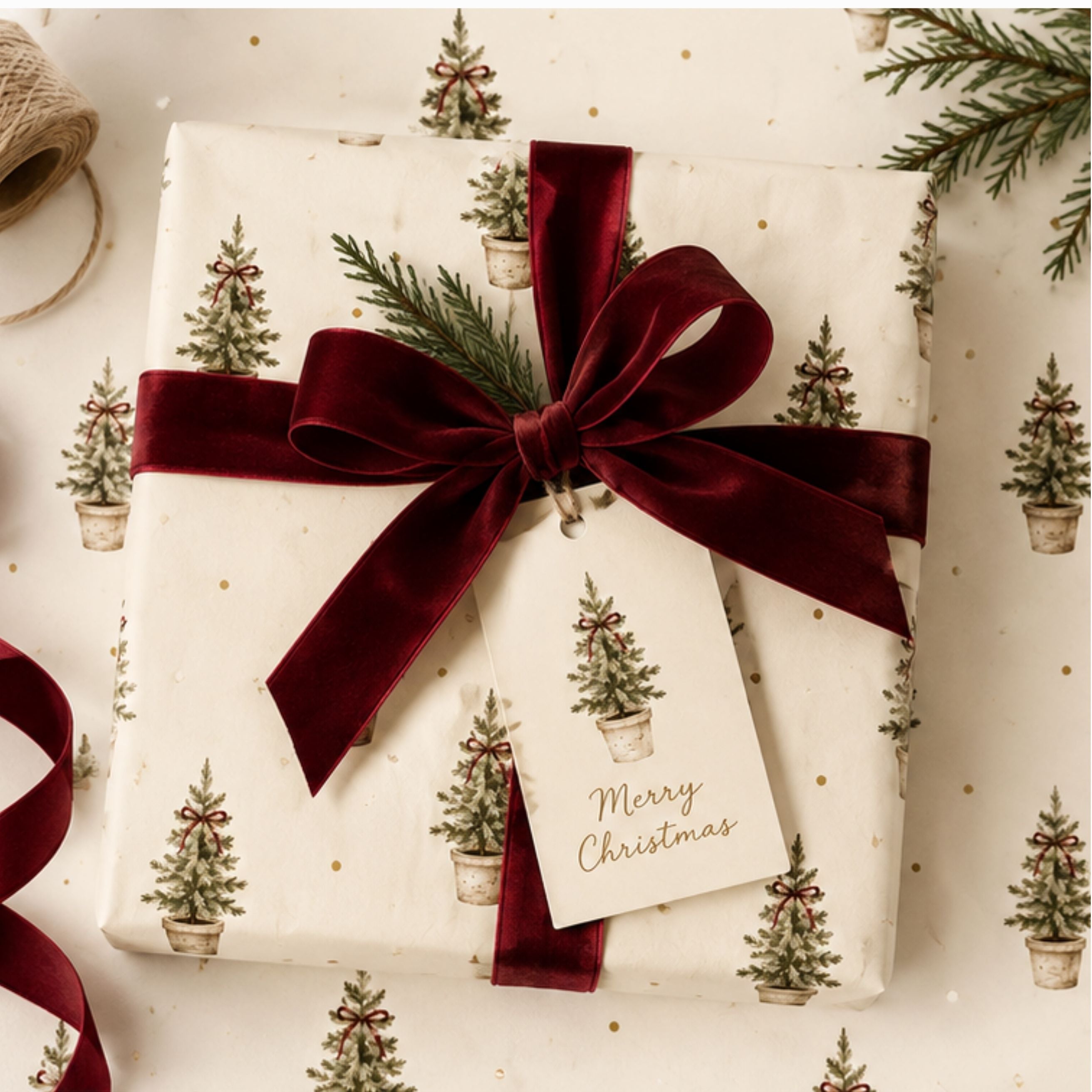 Rustic Christmas Tree Wrapping Paper | Luxury 140gsm Gift Wrap with Matching Tags