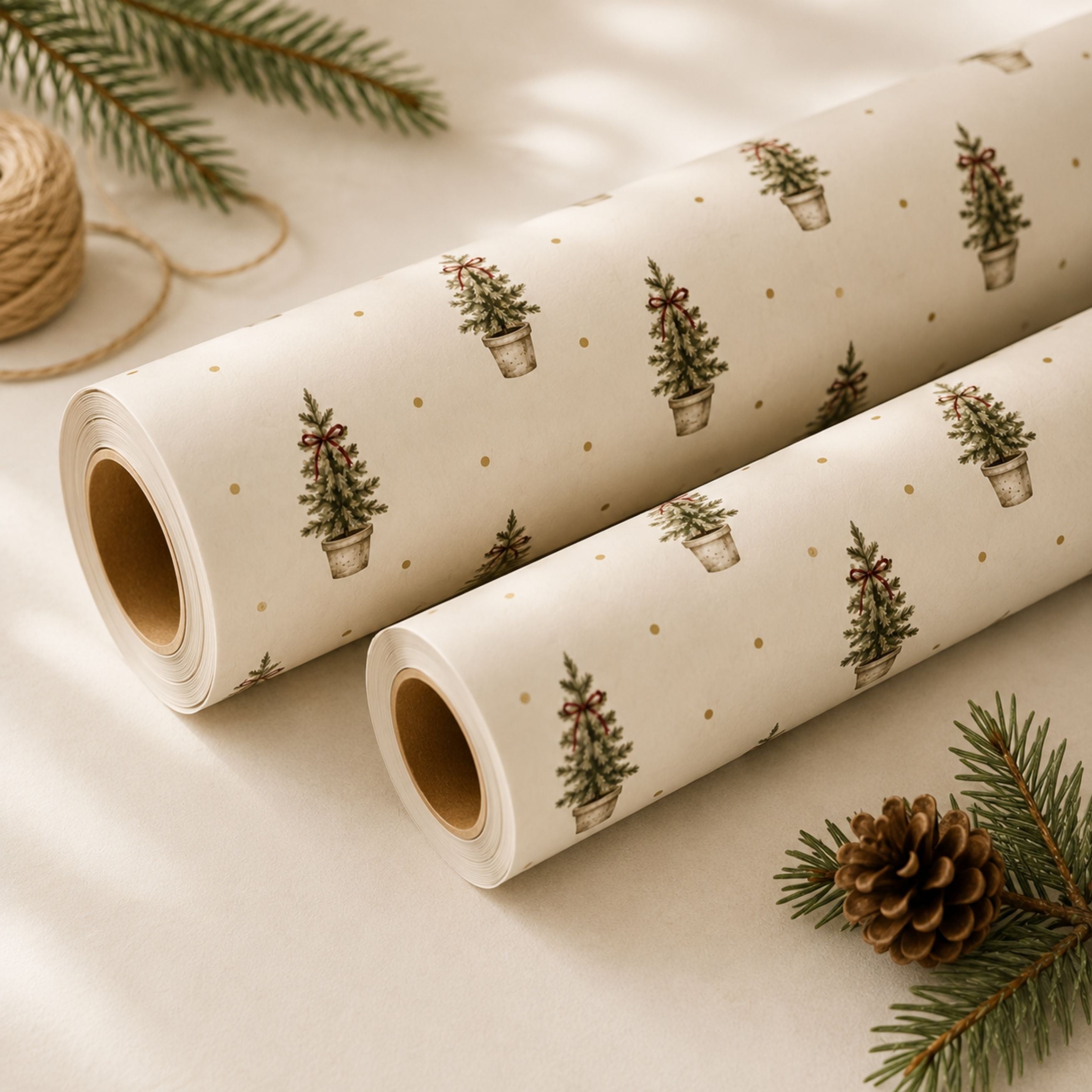 Rustic Christmas Tree Wrapping Paper | Luxury 140gsm Gift Wrap with Matching Tags