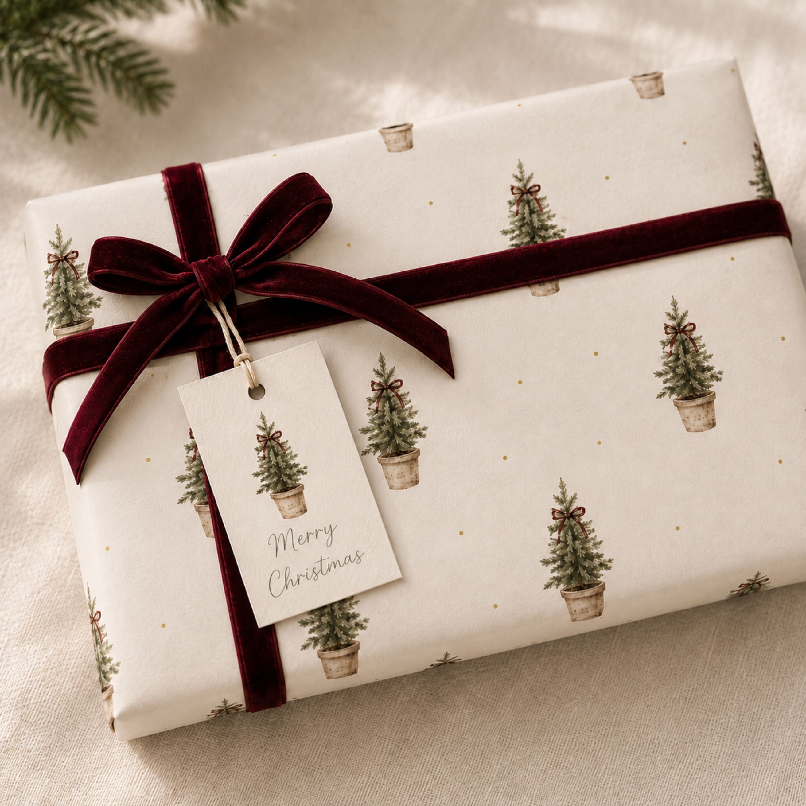 Rustic Christmas Tree Wrapping Paper | Luxury 140gsm Gift Wrap with Matching Tags