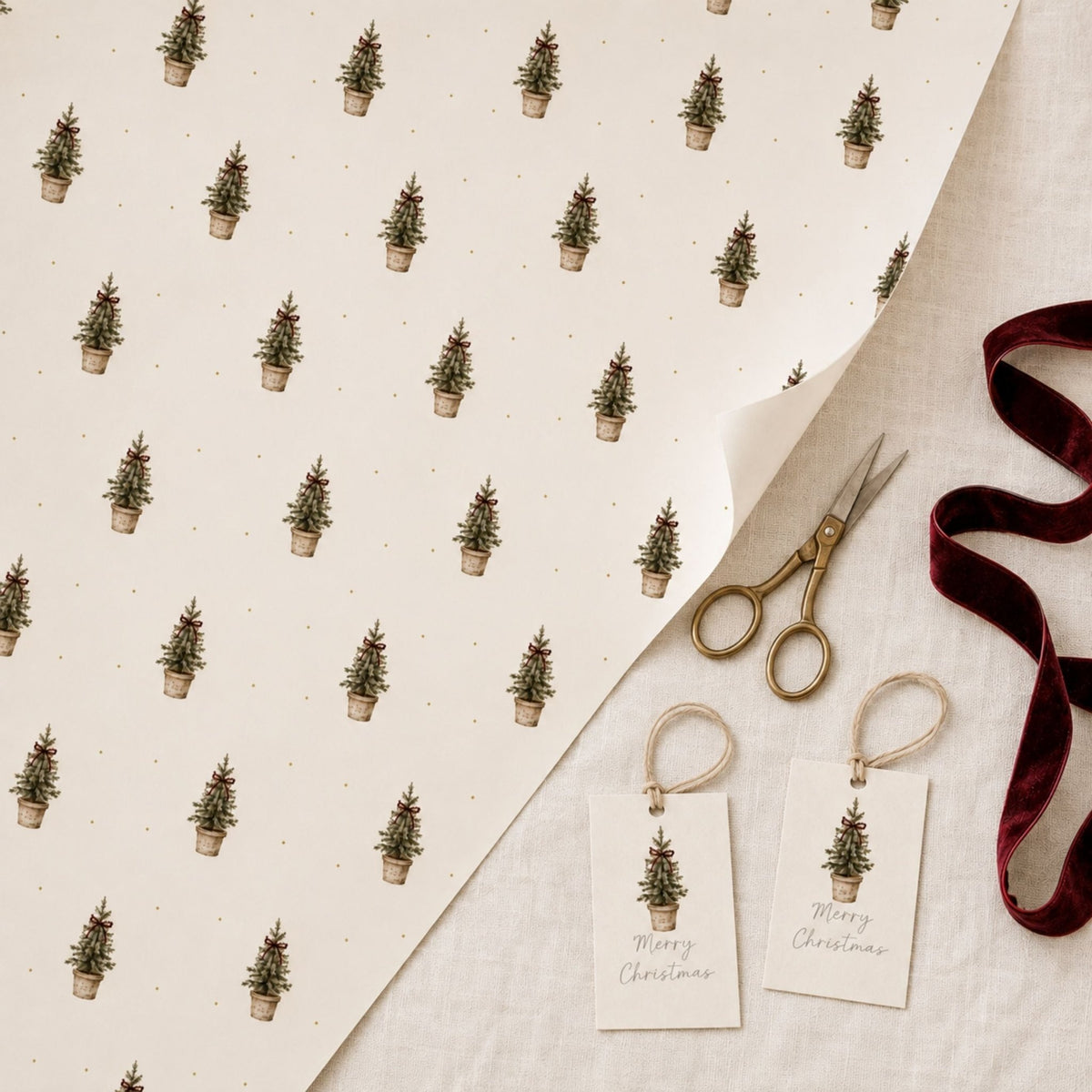 Rustic Christmas Tree Wrapping Paper | Luxury 140gsm Gift Wrap with Matching Tags - Mac and Lilly