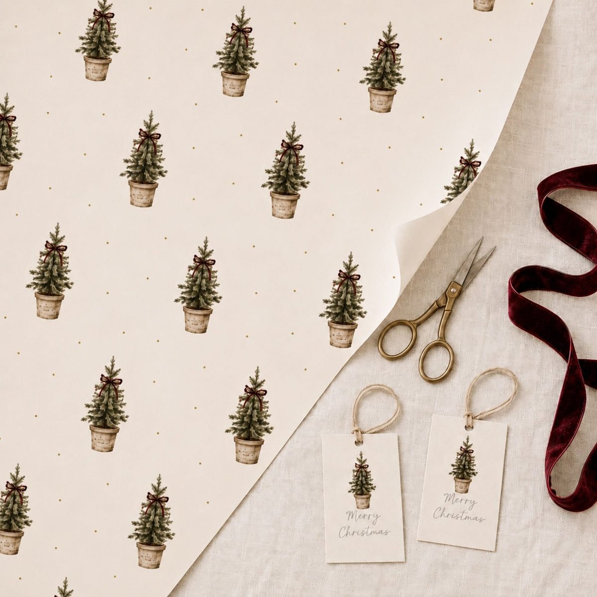 Rustic Christmas Tree Wrapping Paper | Luxury 140gsm Gift Wrap with Matching Tags - Mac and Lilly