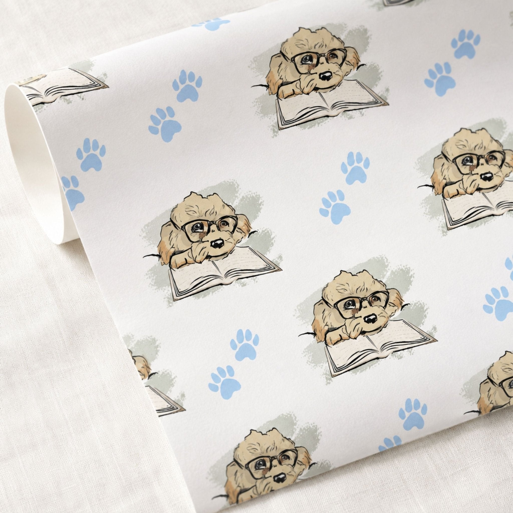 Cavapoo wrapping paper featuring Max with blue paw prints, perfect for dog lovers
