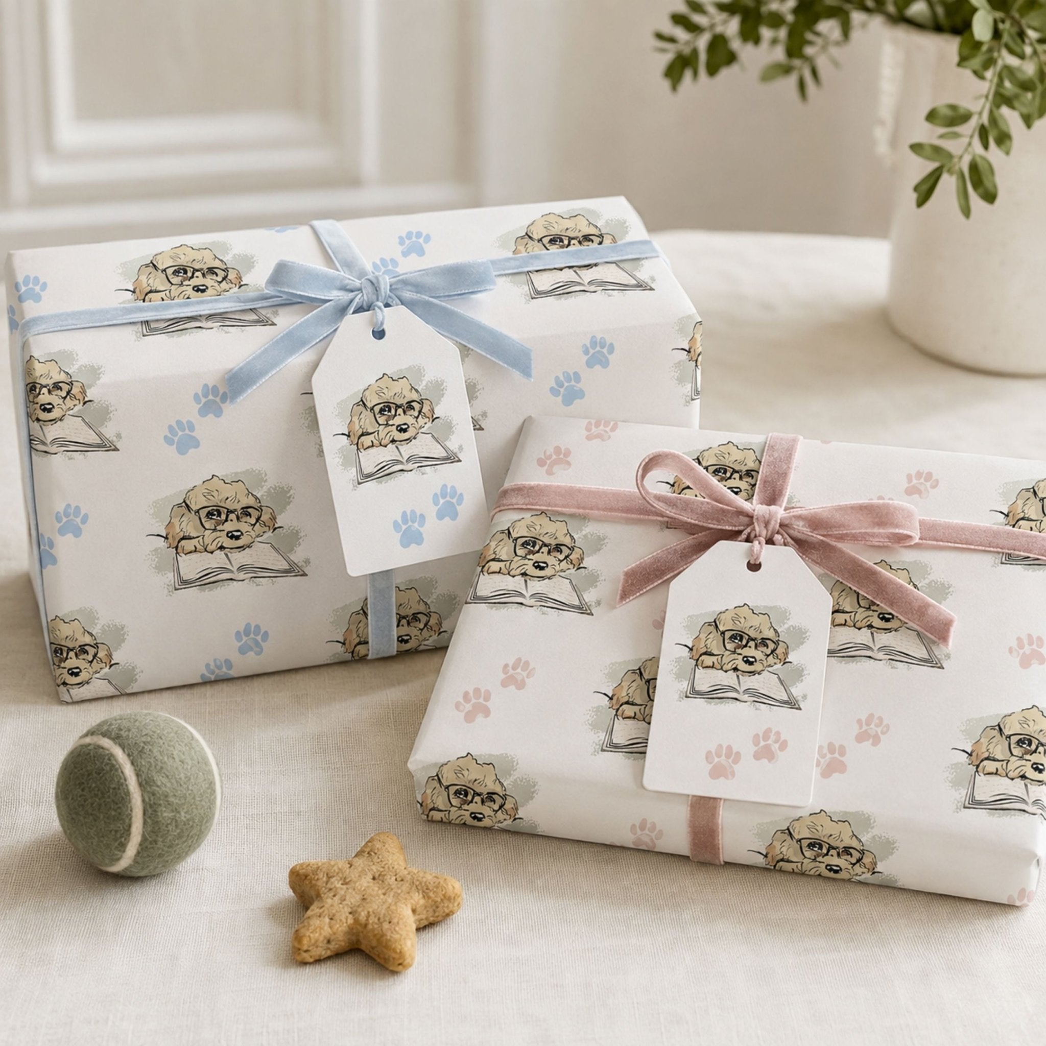Gifts wrapped in Cavapoo dog wrapping paper with blue and pink paw print designs