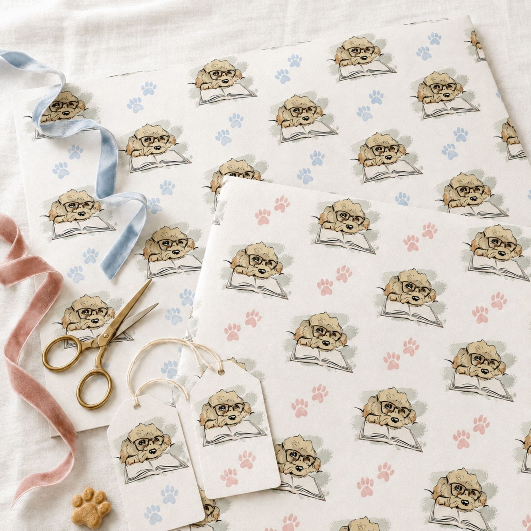 Blue and pink Cavapoo dog wrapping paper designs with matching gift tags
