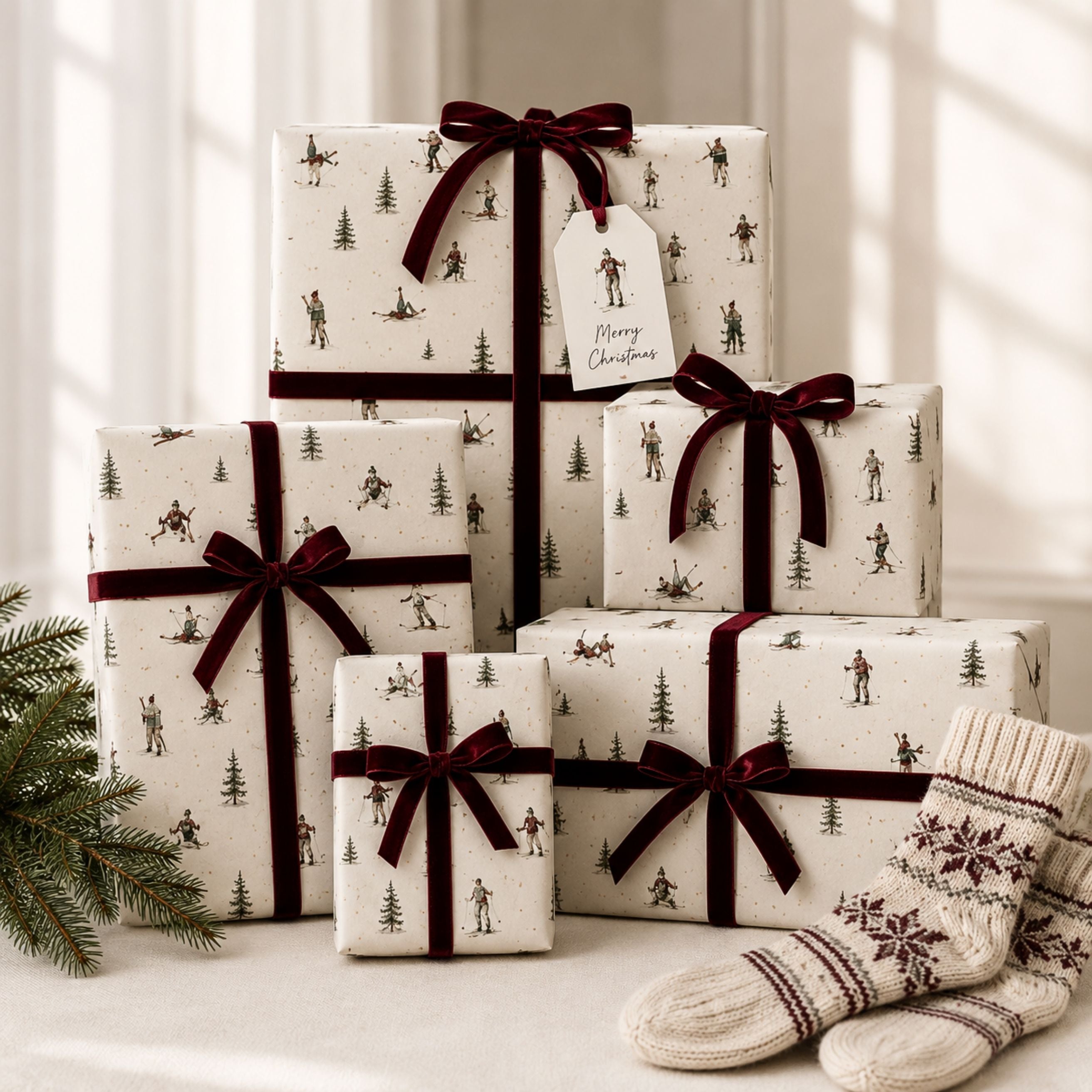 Vintage Ski Christmas Gift Wrapping Paper | Luxury 140gsm Gift Wrap with Matching Tags