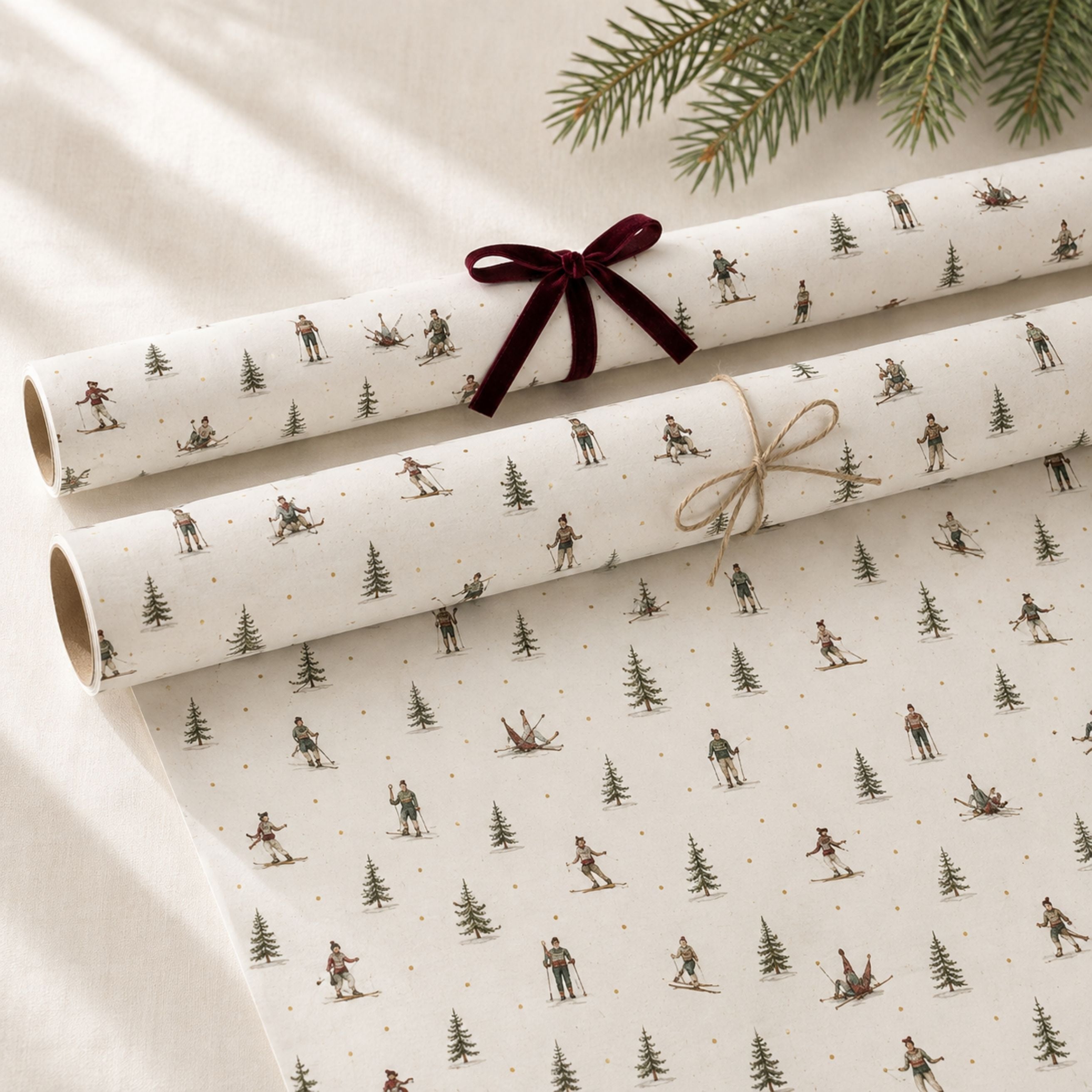 Vintage Ski Christmas Gift Wrapping Paper | Luxury 140gsm Gift Wrap with Matching Tags