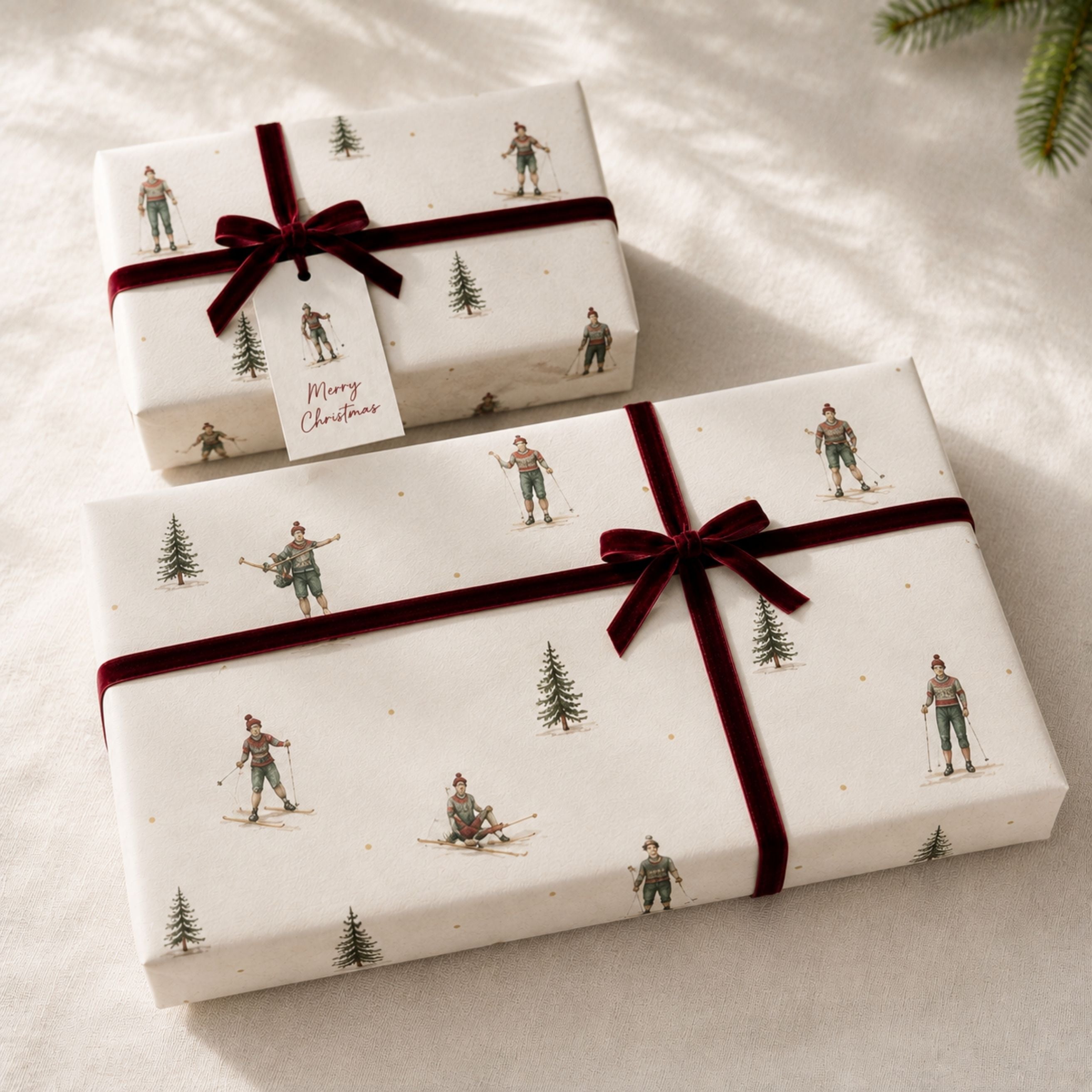 Vintage Ski Christmas Gift Wrapping Paper | Luxury 140gsm Gift Wrap with Matching Tags