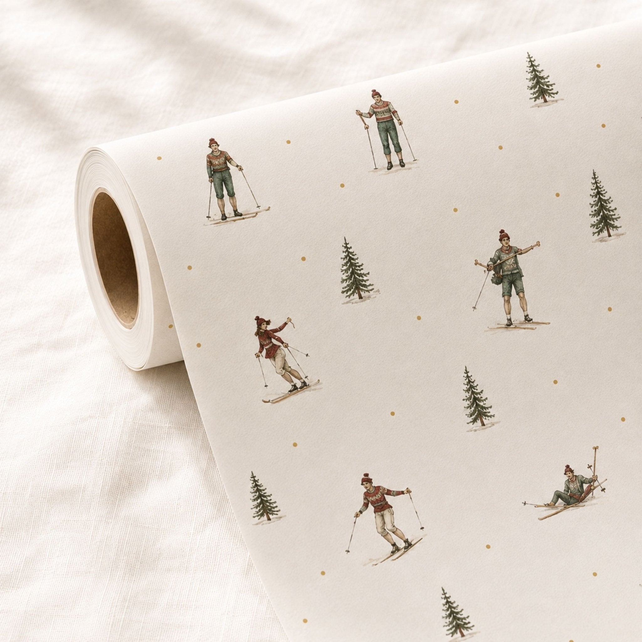 Vintage Ski Christmas Gift Wrapping Paper | Luxury 140gsm Gift Wrap with Matching Tags