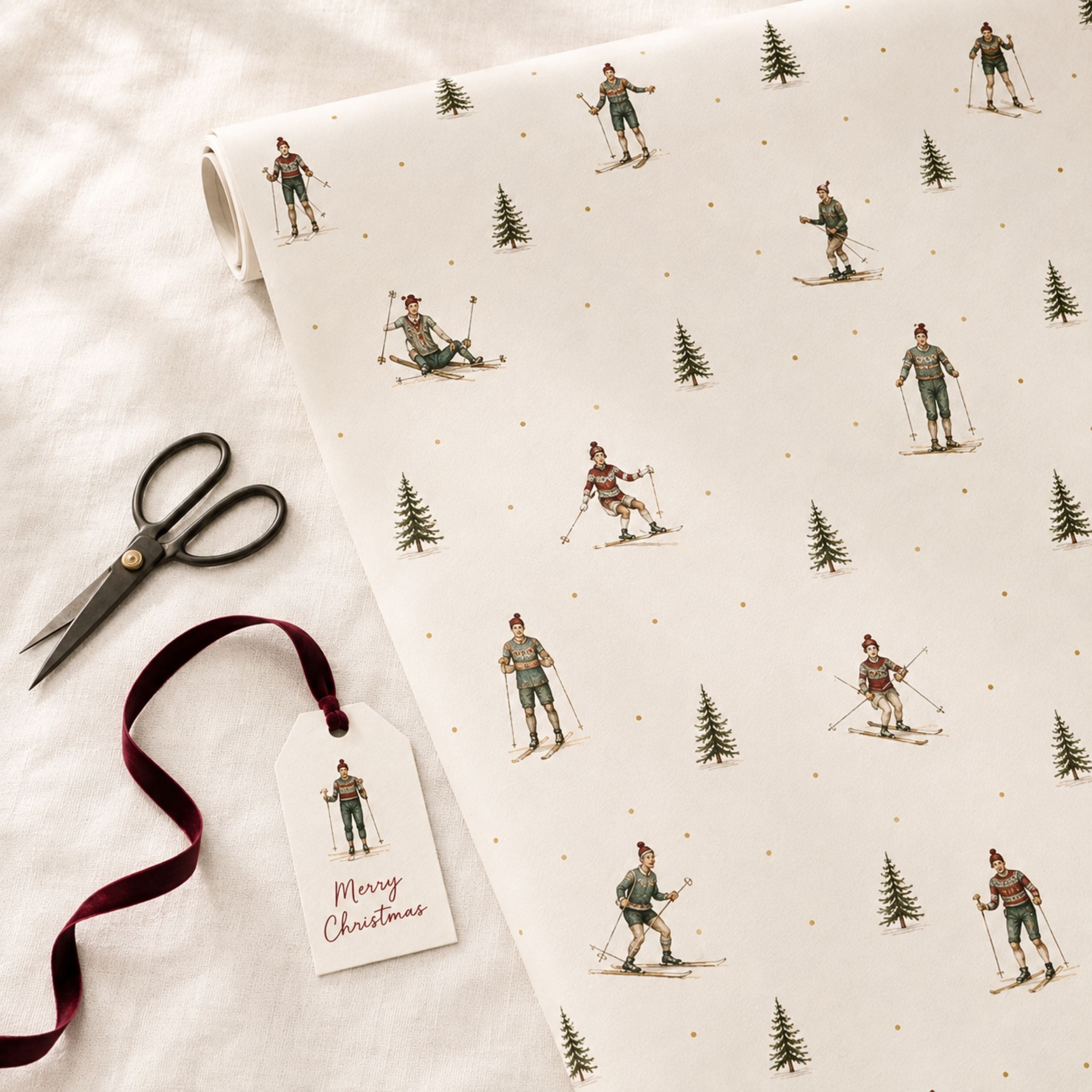 Vintage Ski Christmas Gift Wrapping Paper | Luxury 140gsm Gift Wrap with Matching Tags