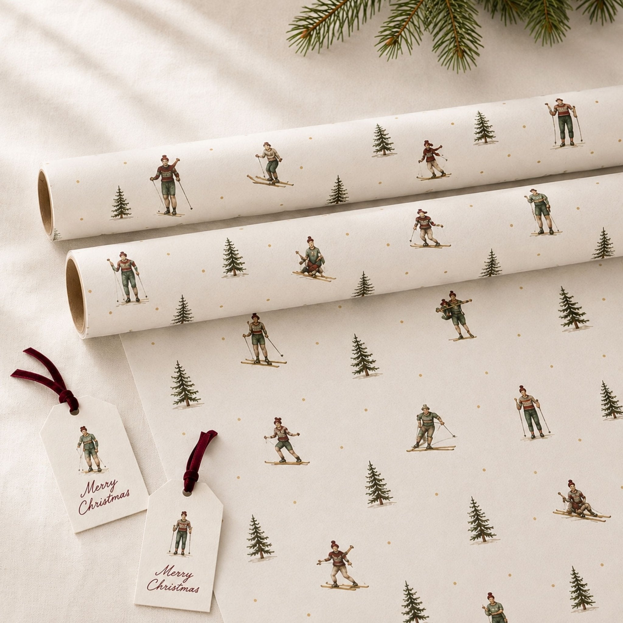  Rolls of Christmas tree wrapping paper with matching festive gift tag