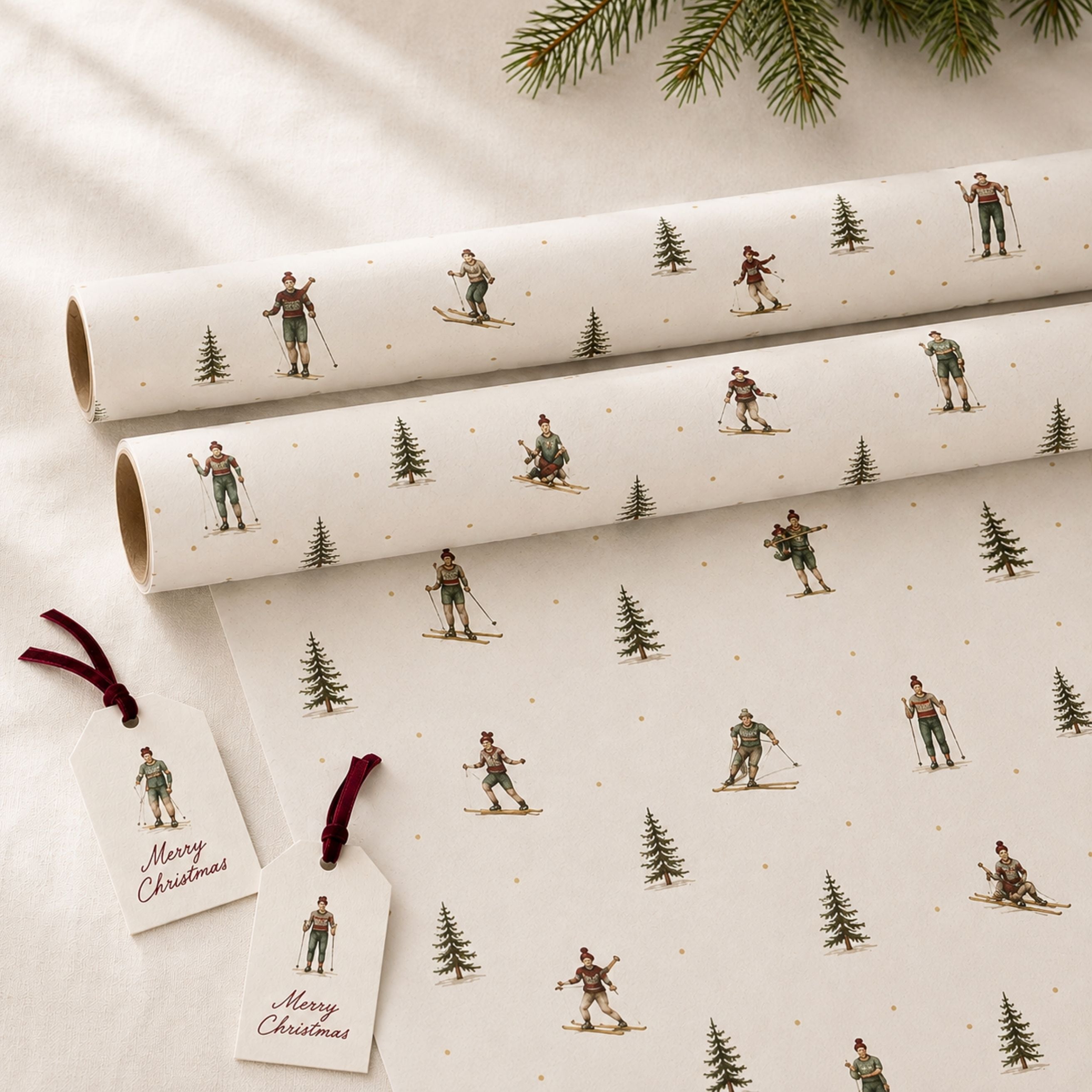 Vintage Ski Christmas Gift Wrapping Paper | Luxury 140gsm Gift Wrap with Matching Tags
